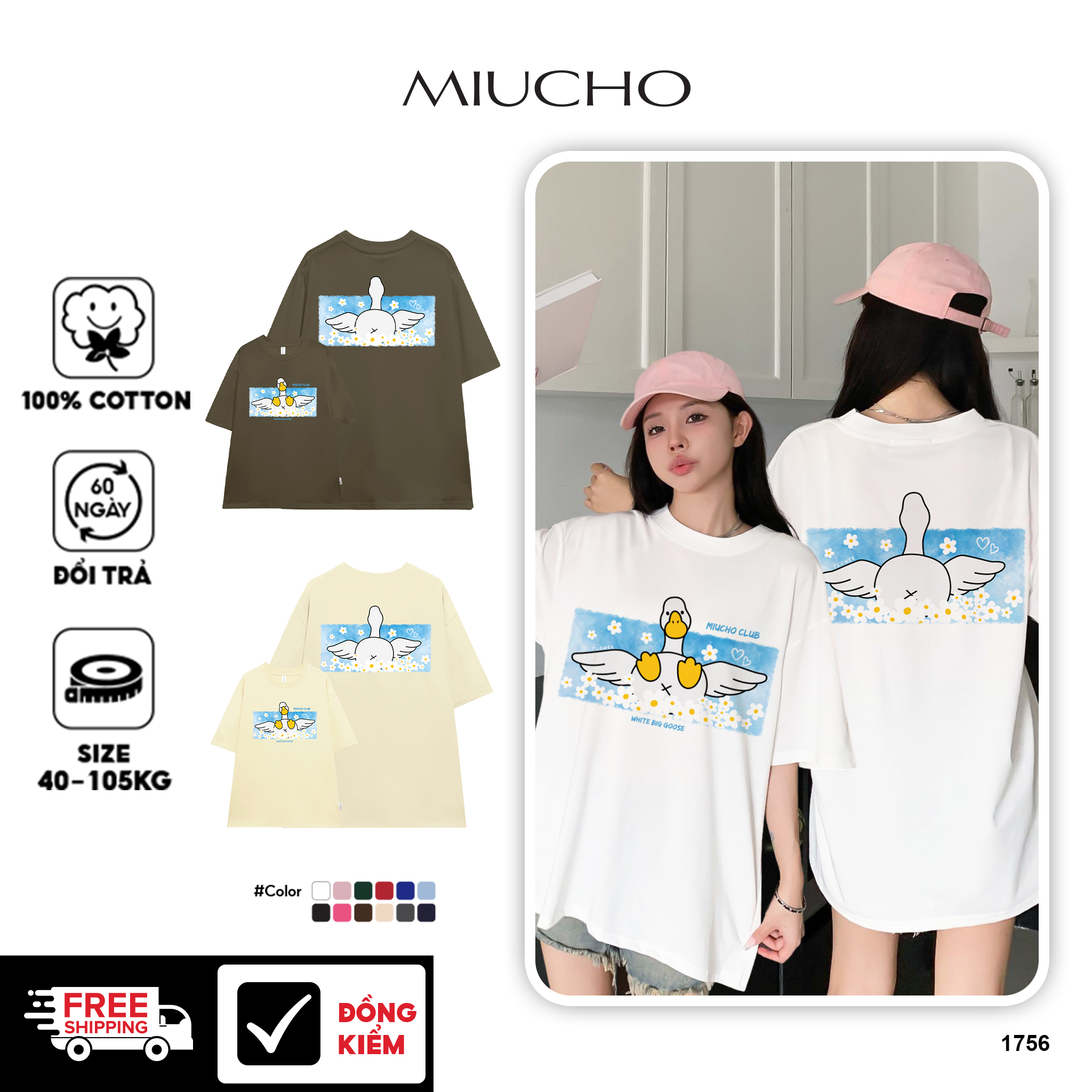 Áo thun nữ form rộng local brand cổ tròn vải cotton 4c thoáng mát 1756 Miucho in mix
