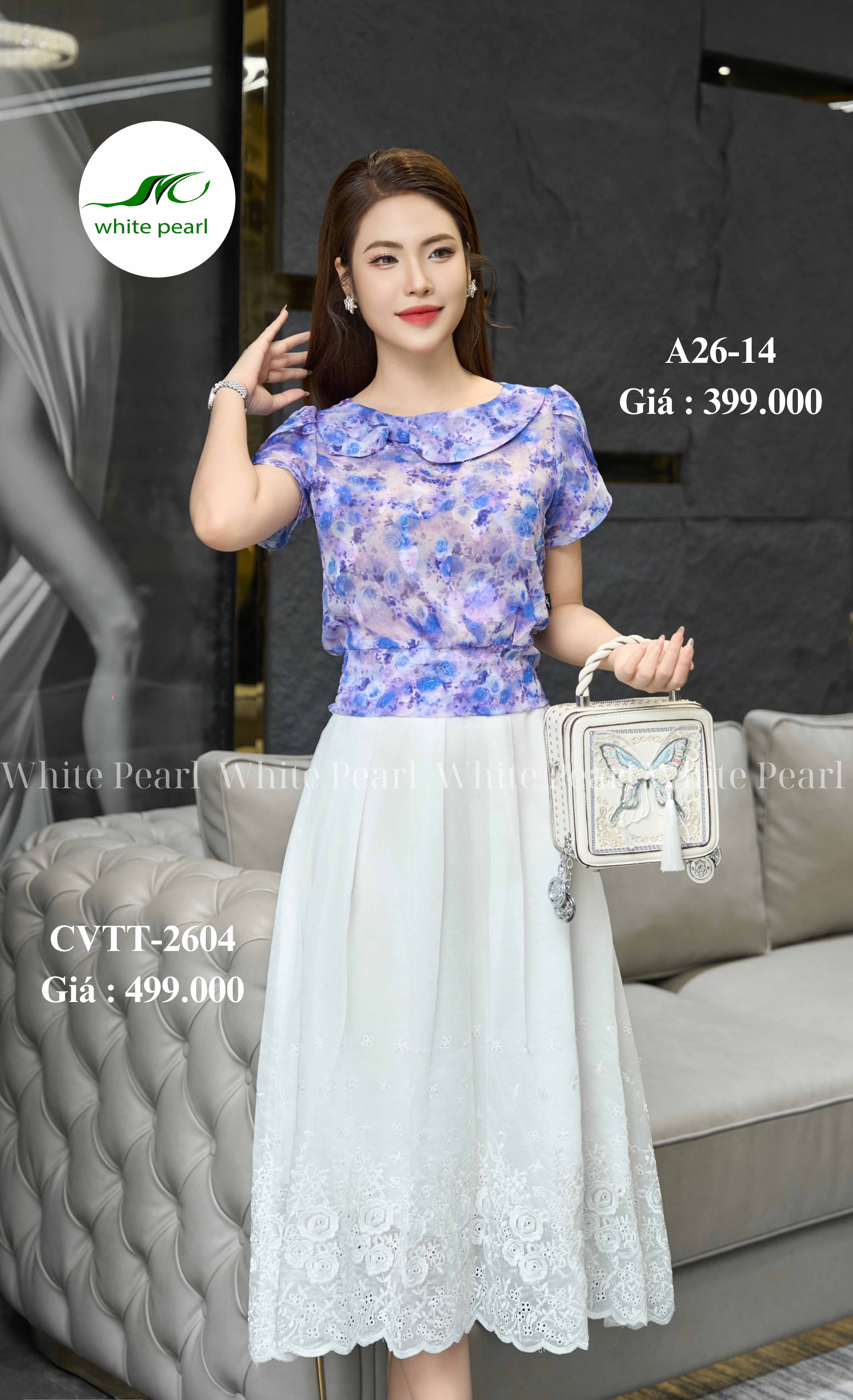 Áo bo chun tay cánh sen họa tiết hoa tím thời trang công sở nữ White Pearl