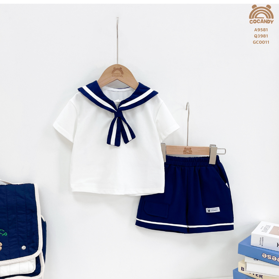 Áo cộc TRẮNG cổ thủy thủ xanh than