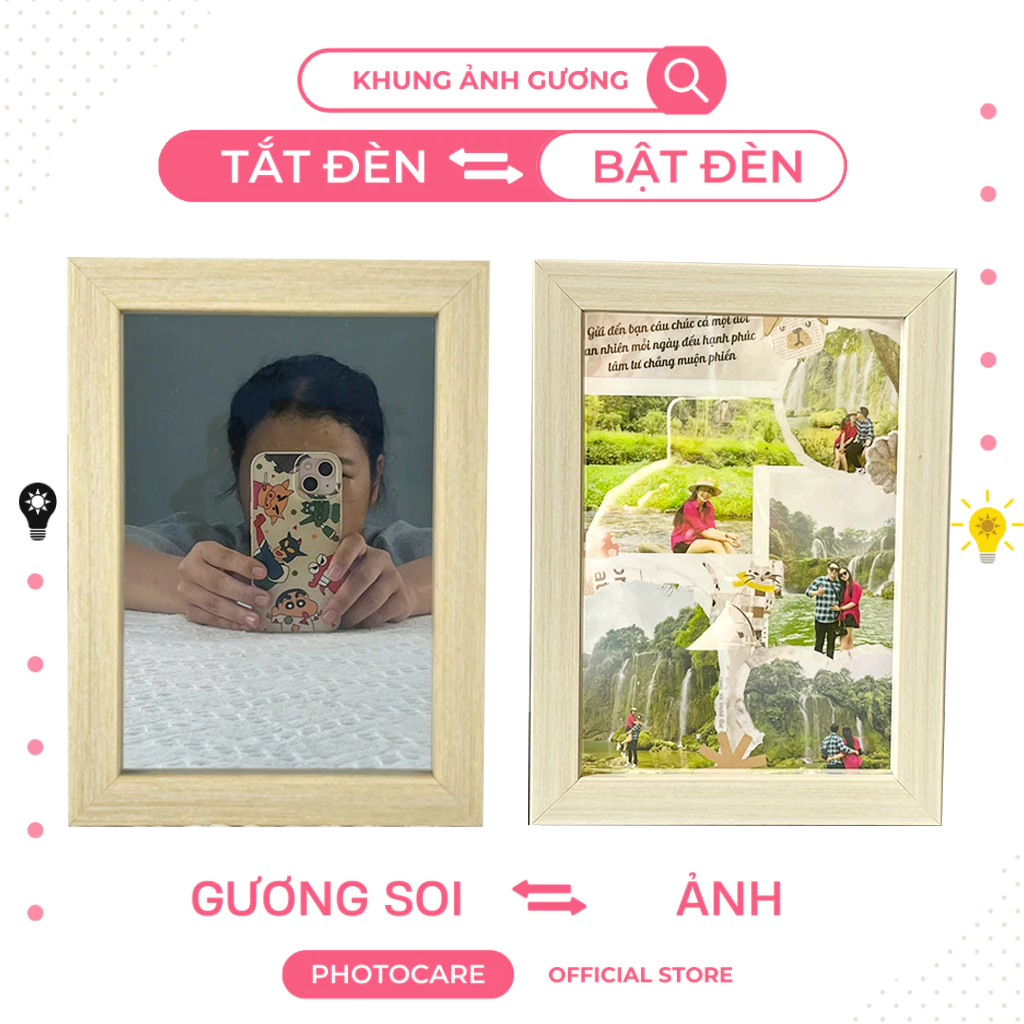 Khung ảnh gương hiện ảnh khi bật đèn in theo yêu cầu, đèn LED đổi màu phù hợp làm quà sinh nhật, bạn gái, quà Valentine