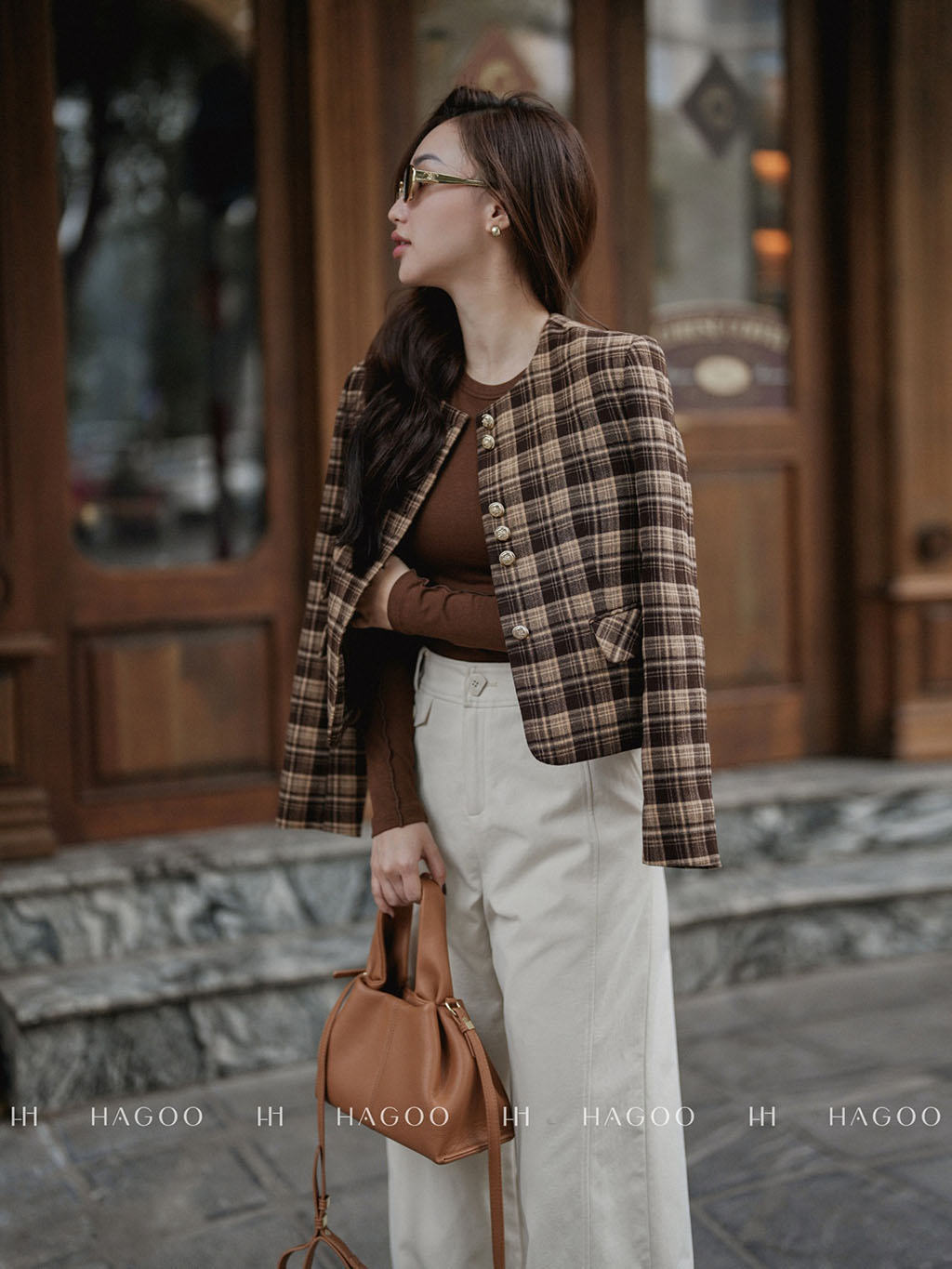 Áo khoác cổ tròn suông họa tiết ô vuông_thumbnail_4