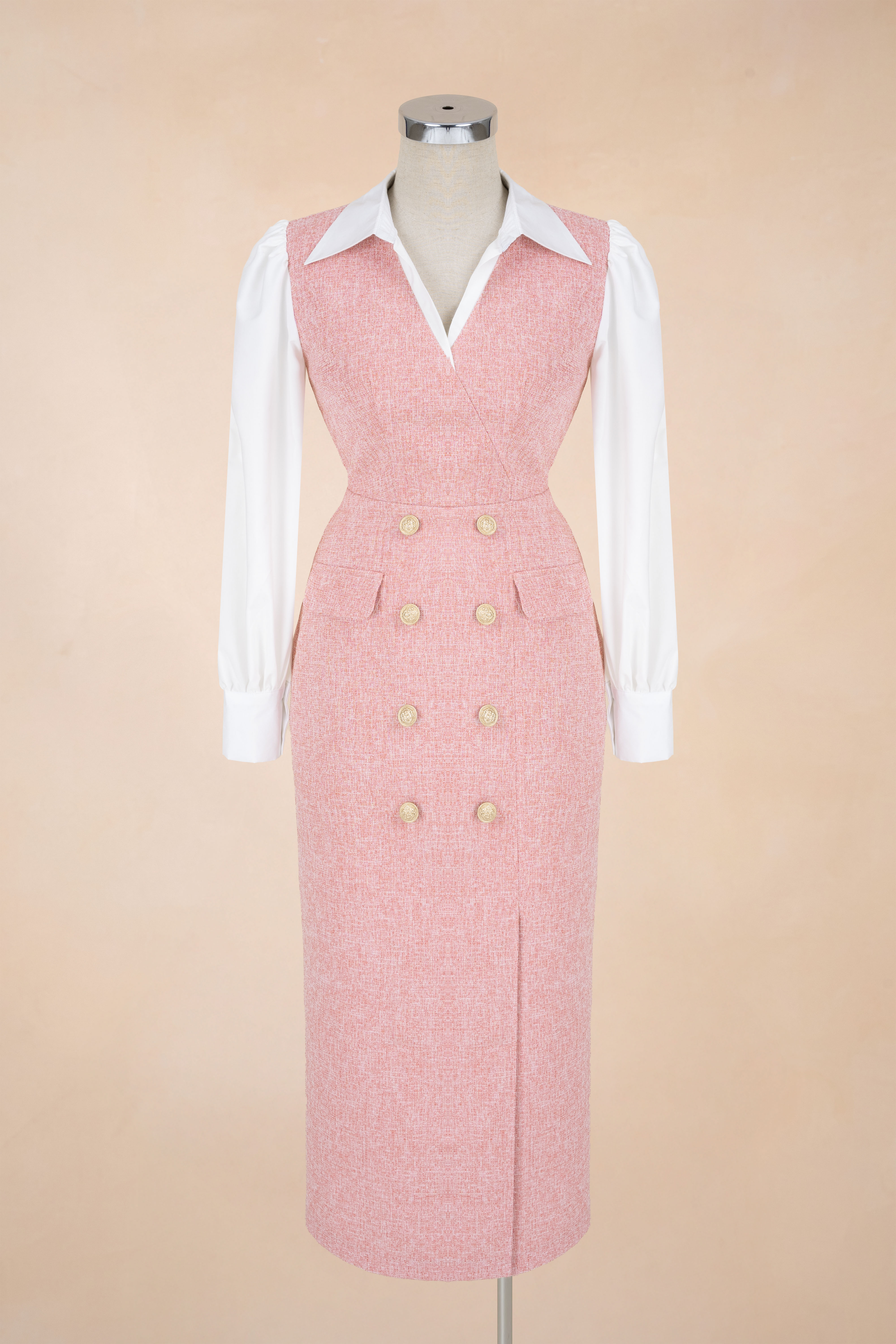 Đầm Dạ Bút Chì Nắp Túi Phối Tơ