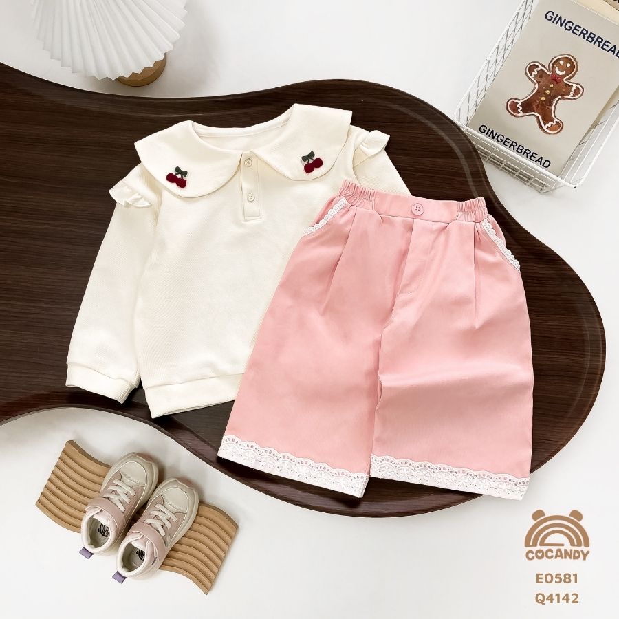 Quần dài kaki HỒNG suông gấu phối ren