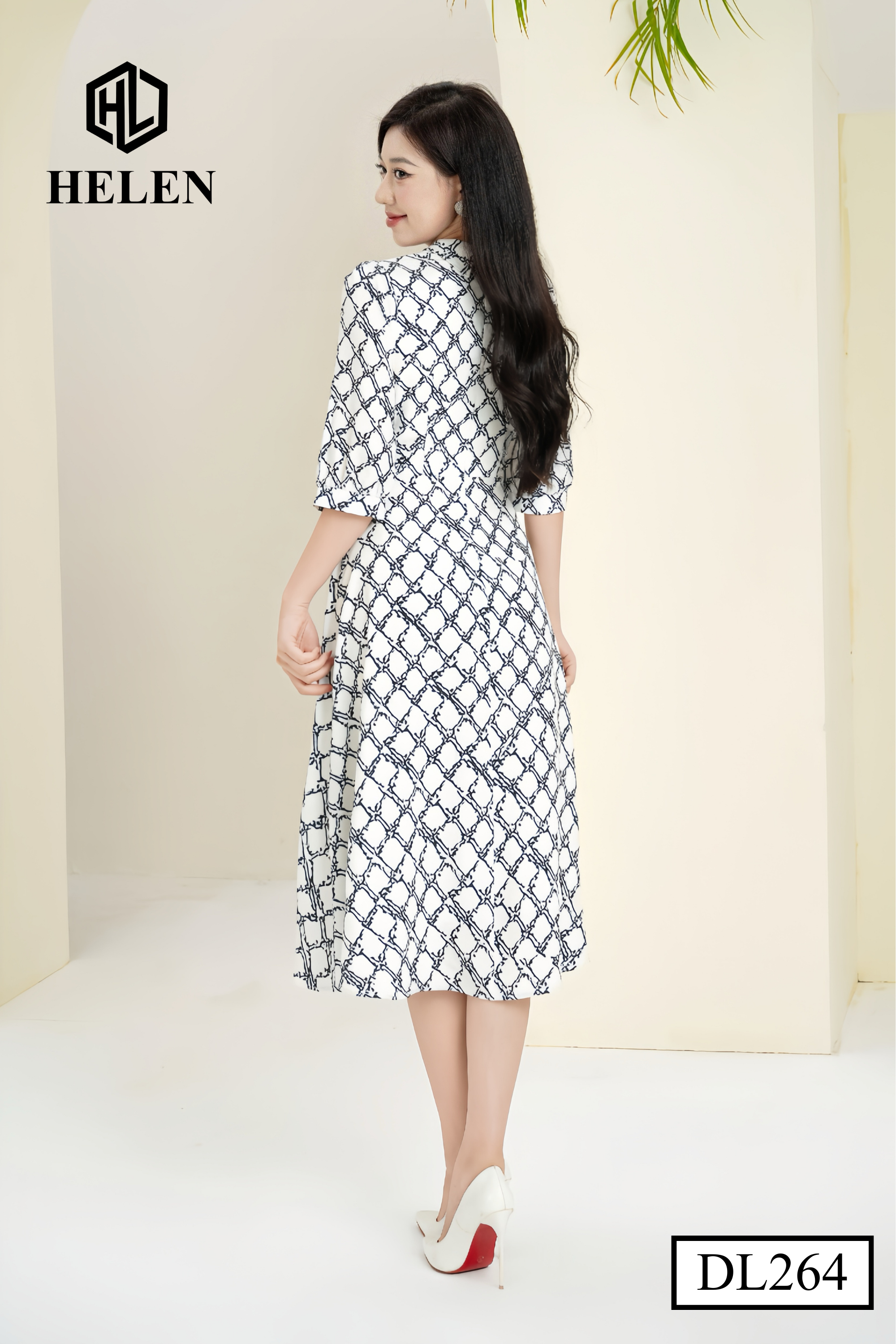 Đầm xòe kẻ đen trắng thắt nơ giữa DL264