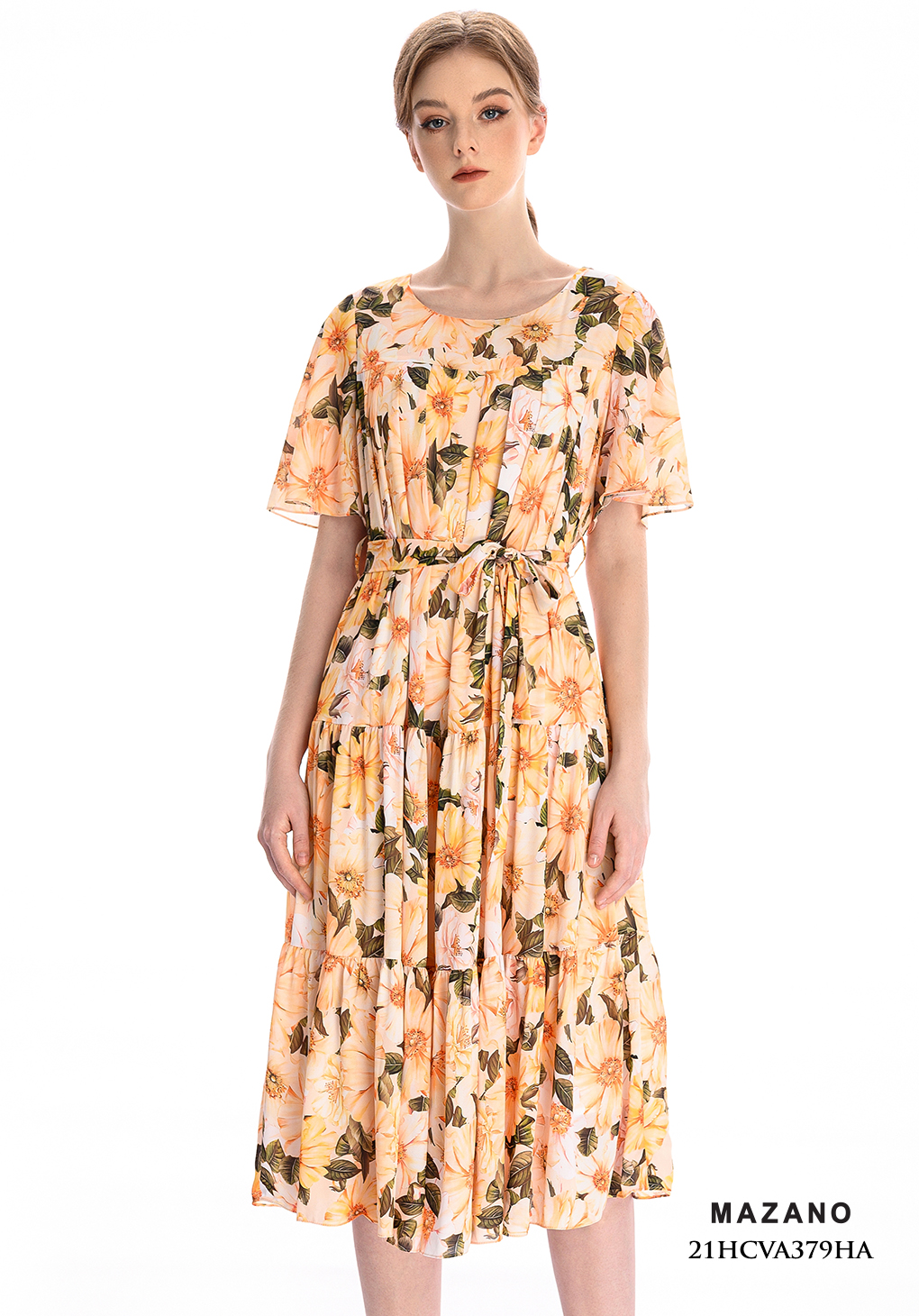 Đầm vàng xếp ly thắt đai họa tiết hoa_thumbnail_1