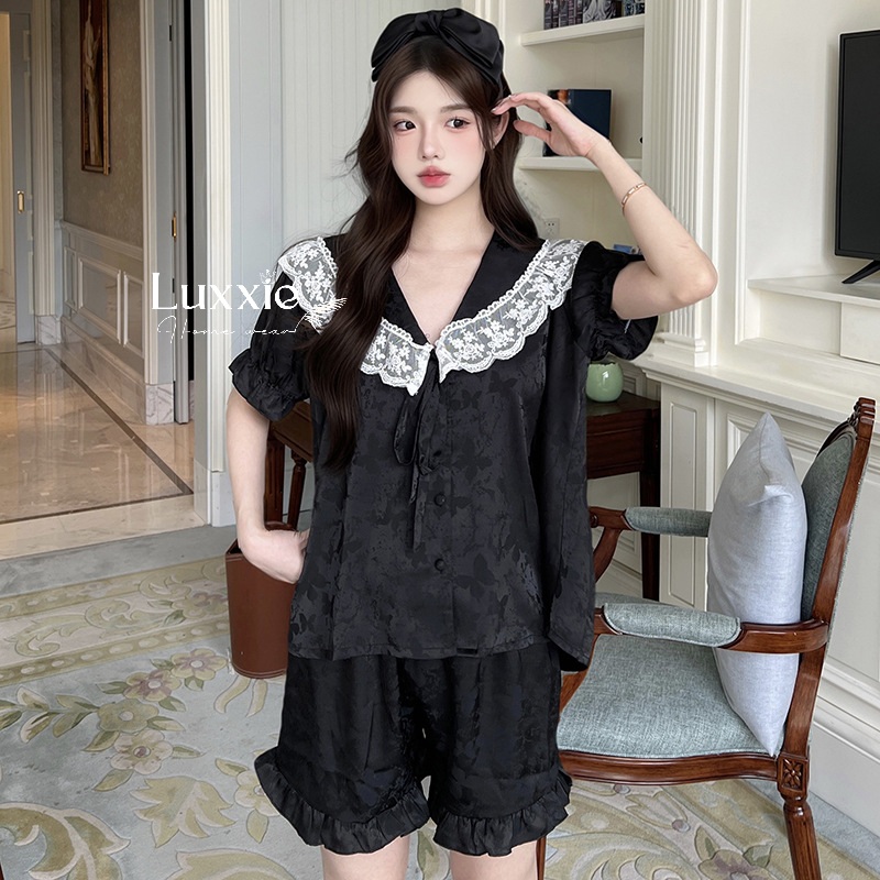 N108C Pijama lụa gấm hoa cổ ren trắng buộc nơ cộc đùi_thumbnail_12