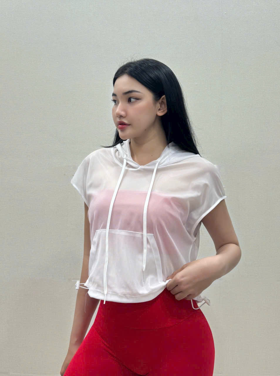 Áo Tank Thể Thao Dáng Croptop Có Nón Tay Ngắn Lưới Mè_thumbnail_7