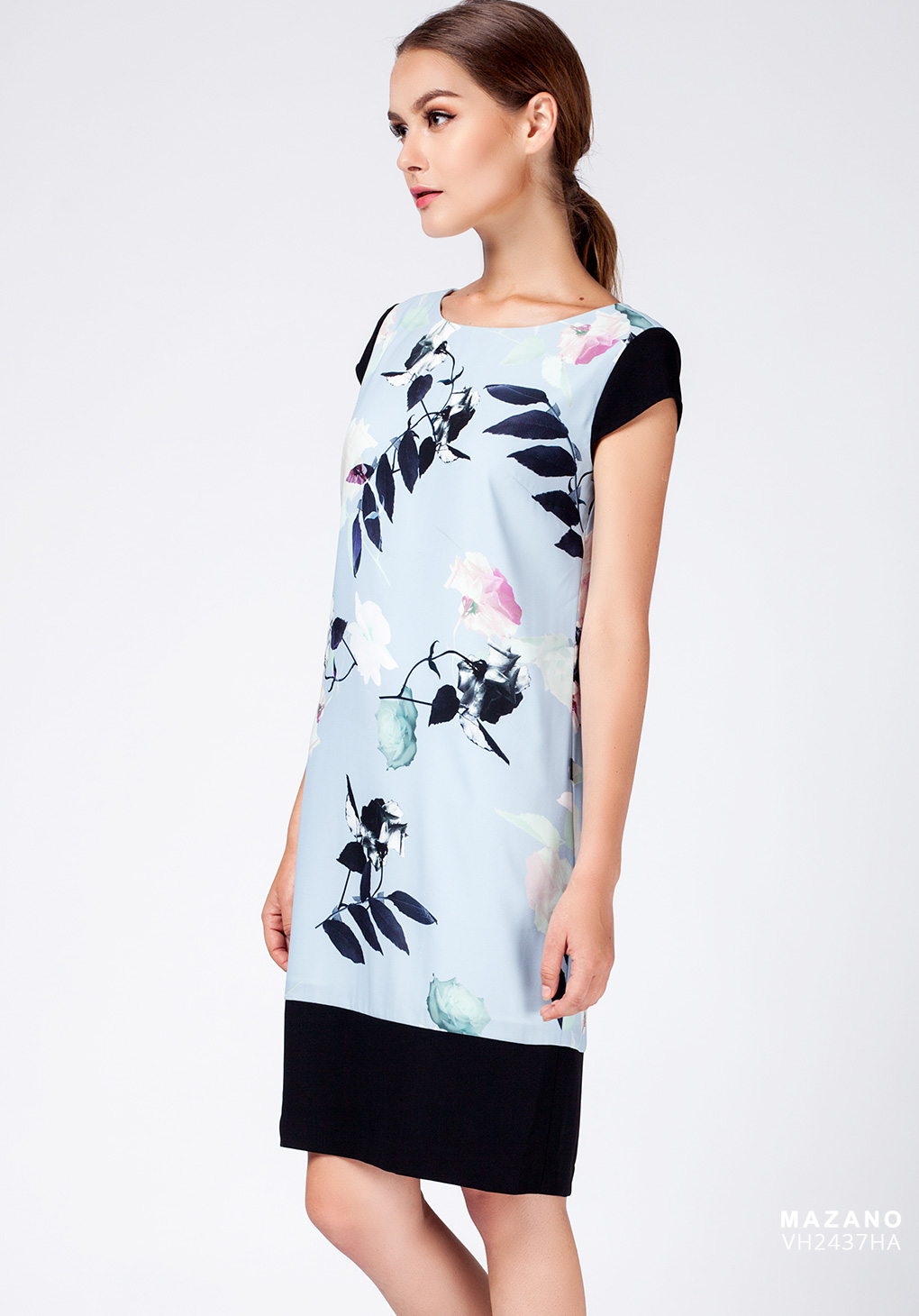 Đầm thân ôm xanh hoa phối cổ tròn_thumbnail_1