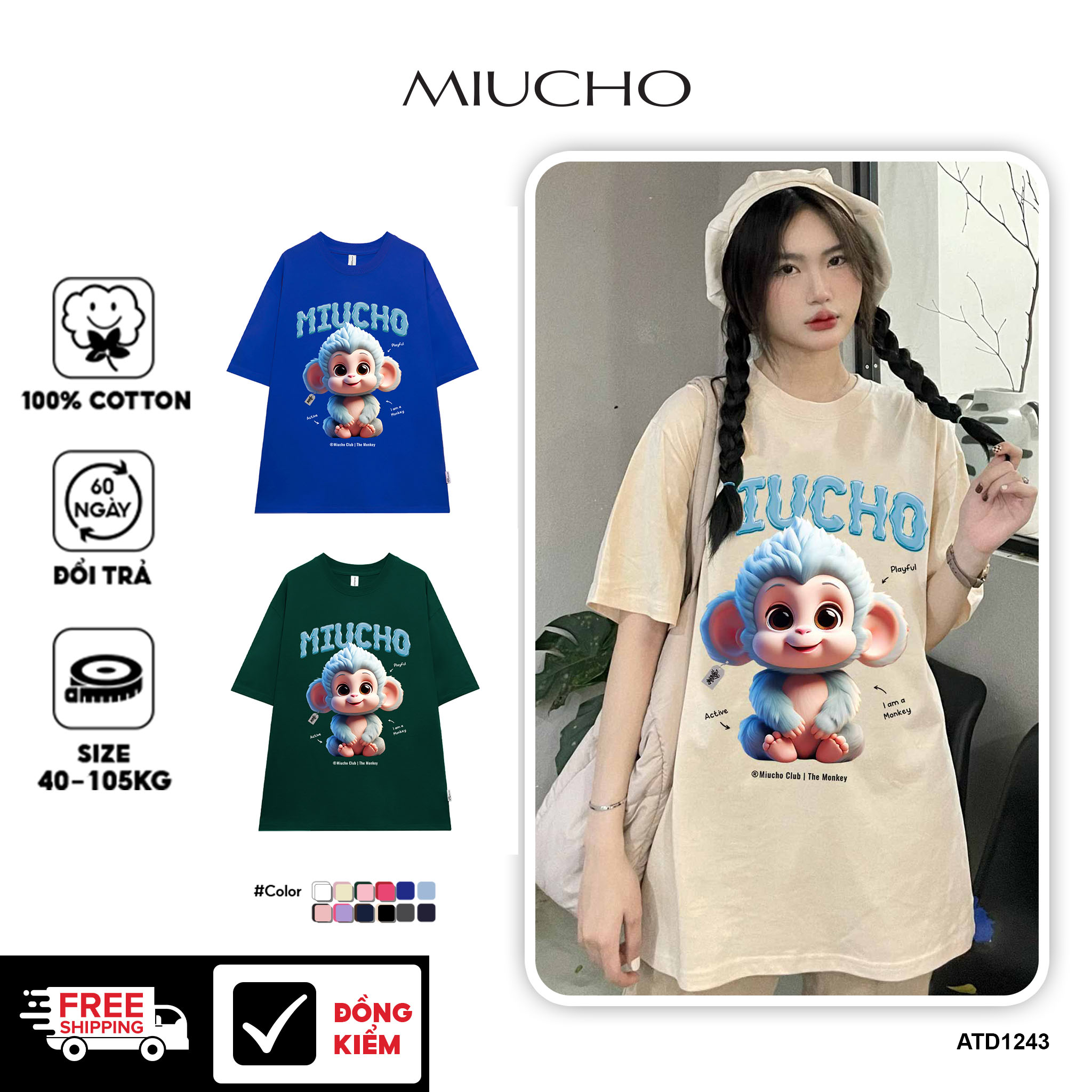 Áo thun form rộng 12 con giáp tuổi Thân (tuổi khỉ) ATD1243 Miucho tay ngắn cổ tròn in mix