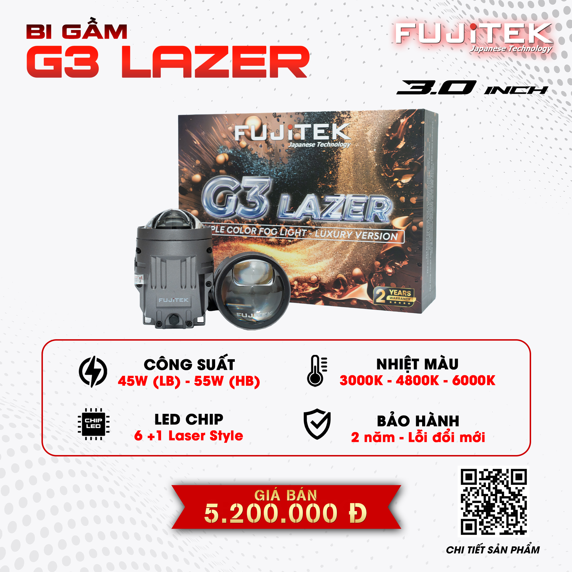 Fujitek G3 Lazer Bi gầm 3 inch 3 màu tích hợp