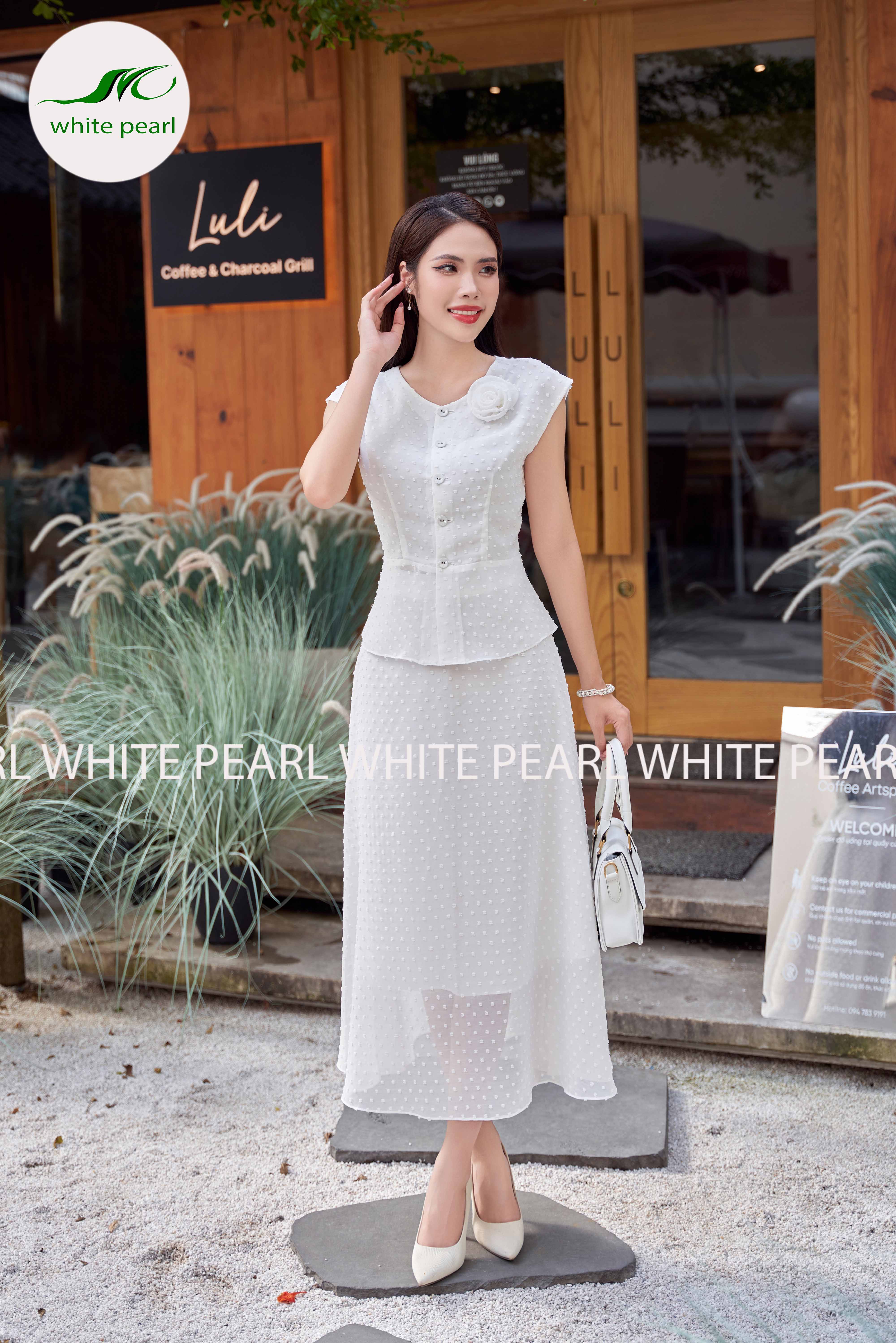 SET Áo bepzum kết hợp chân váy xòe Màu trắng thời trang công sở cao cấp White Pearl_thumbnail_0