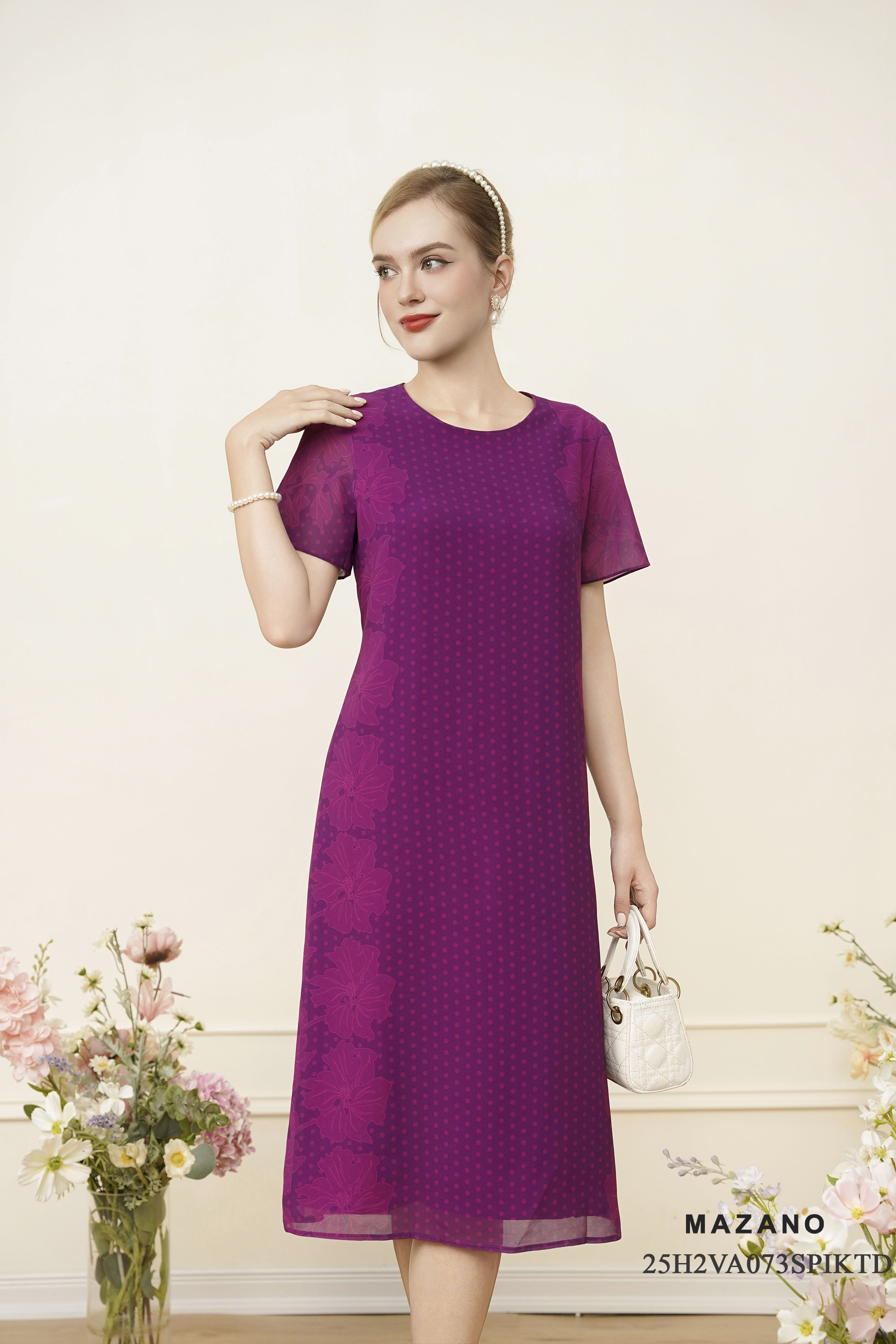 Váy Đầm suông A Vải voan Họa tiết đối xứng Cổ tròn Tay ngắn cộc váy qua gối_thumbnail_1