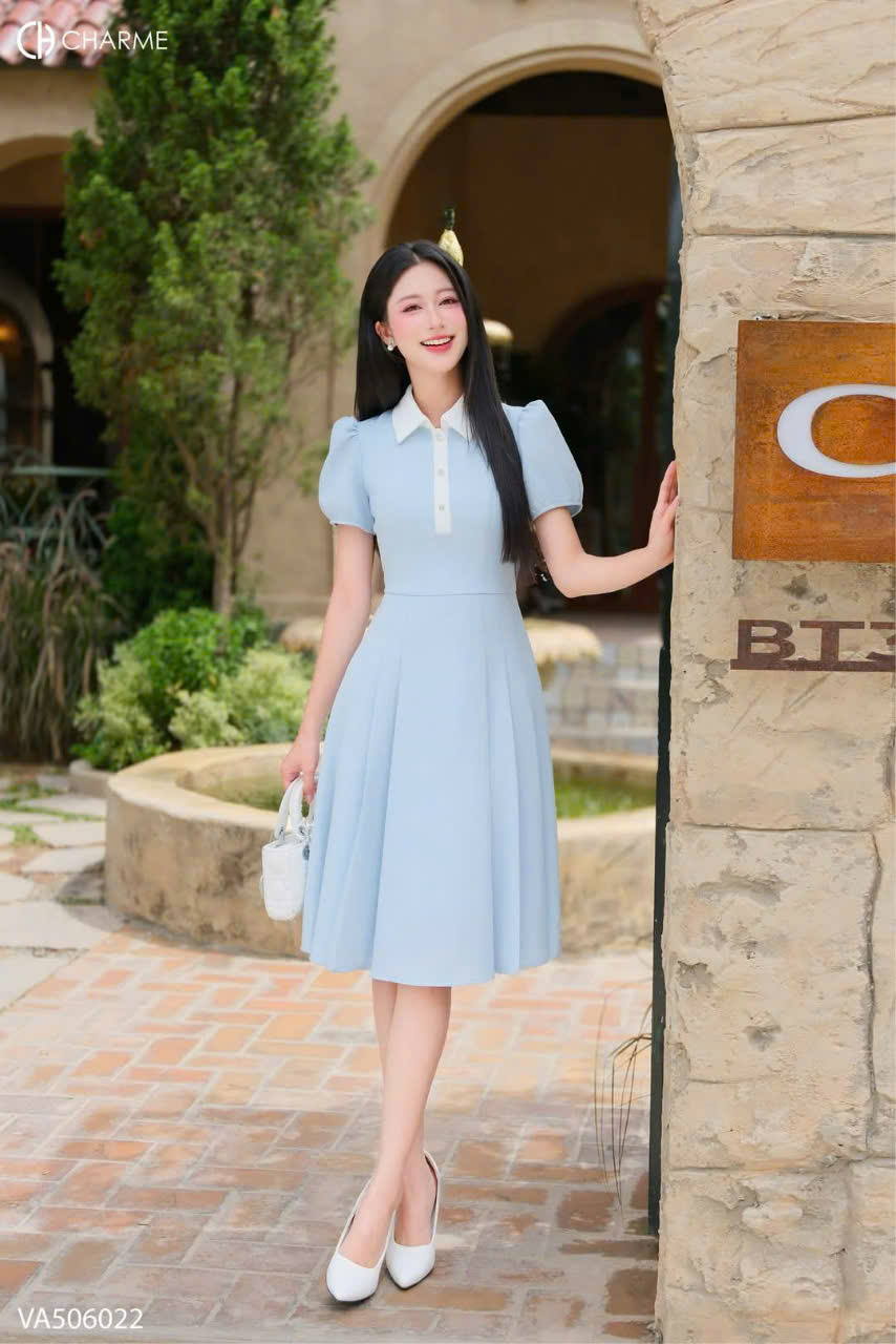 Váy xòe chiết eo cổ phối