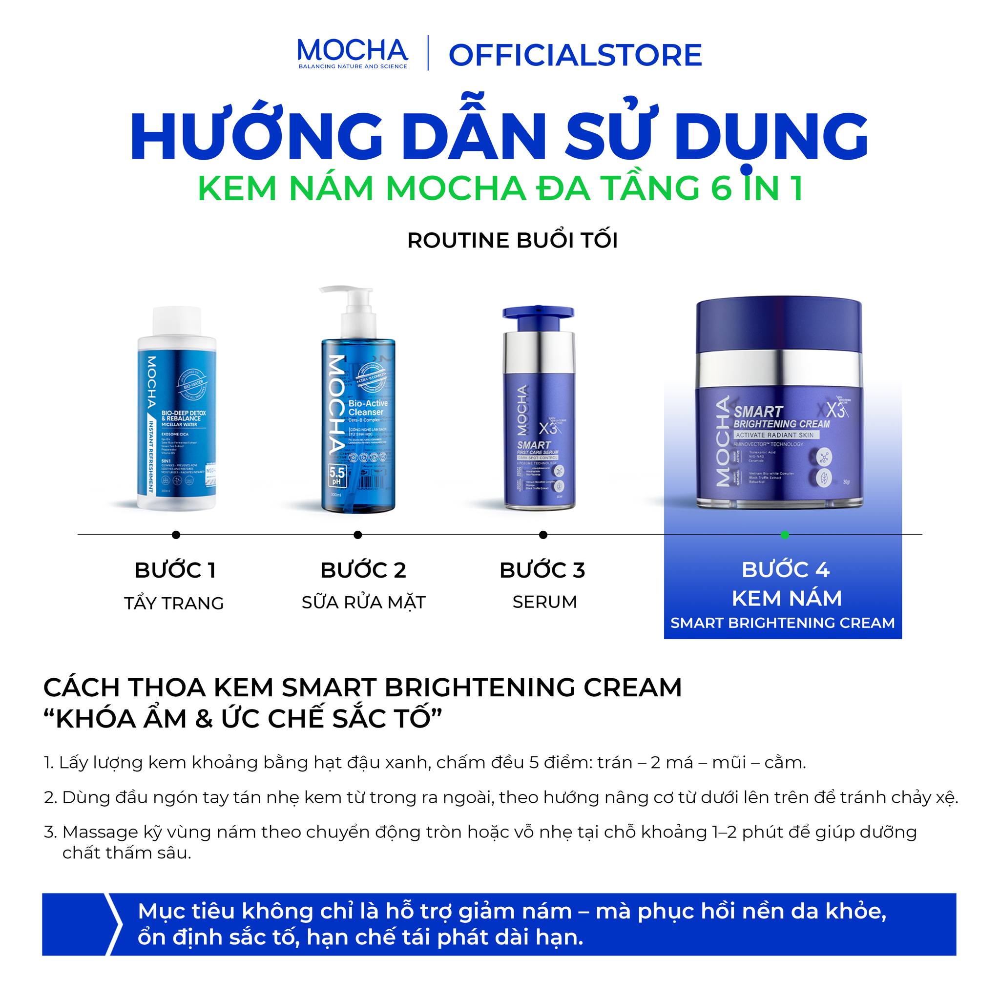 Có thể là hình ảnh về sản phẩm chăm sóc tóc và văn bản cho biết'MOCHA OFFICIALSTORE HƯỚNG DẪN SỬ DUNG KEM NÁM MOCHA ĐA TẦNG 6 IN1 ROUTINE BUỔI TỔI BƯỚC1 TẮY TRANG BƯỚC2 SỮA MẶT BƯỚC SERUM BƯỚC KEM NÁM SMART BRIGHTENING CÁCH THO KEM SMART BRIGHTENING CREAM "KHÓA ỨC CHÊ SẮC TỐ" 1.Lëy Dùng đểu ngón tay tần nhẹ kem từ trong đếu Massage vùng nám theo chuyển động tròn hoặc chết thắm สืบ. ngoài, theo rướng nắng lên rên khoảng tránh chay phút Mục tiêu không chỉ hỗ trợ giảm nám- ổn định sắc tố, hạn chế tái phát dài hạn. giúp dưỡng phục hồi nền da khỏe,'