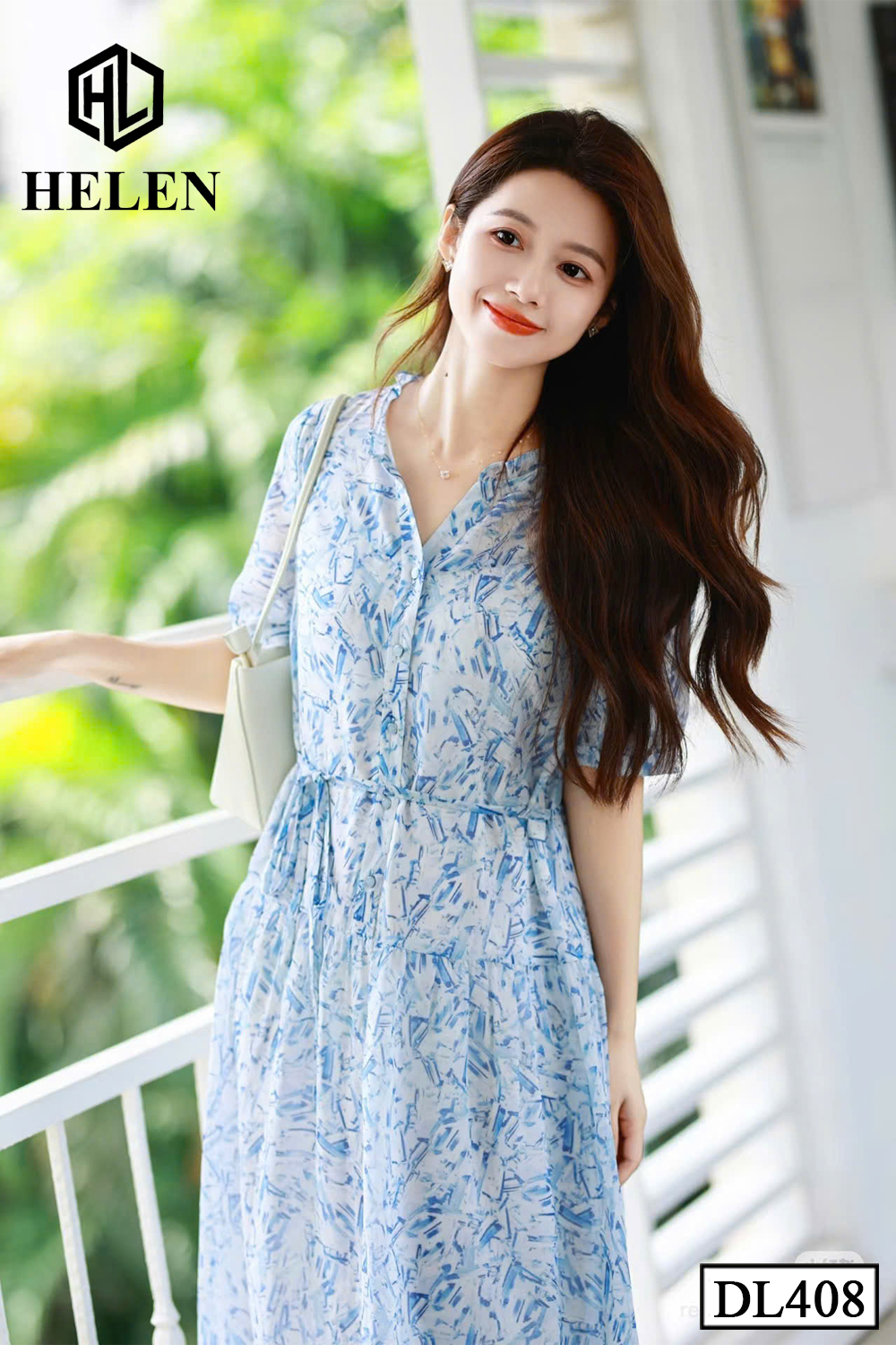 Đầm xòe họa tiết xanh DL408