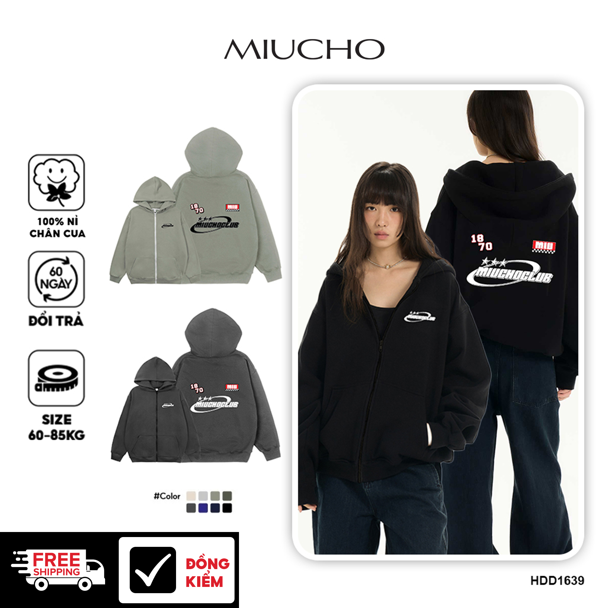 Áo hoodie zip local brand form rộng vải nỉ chân cua HZD1639 Miucho in graphic
