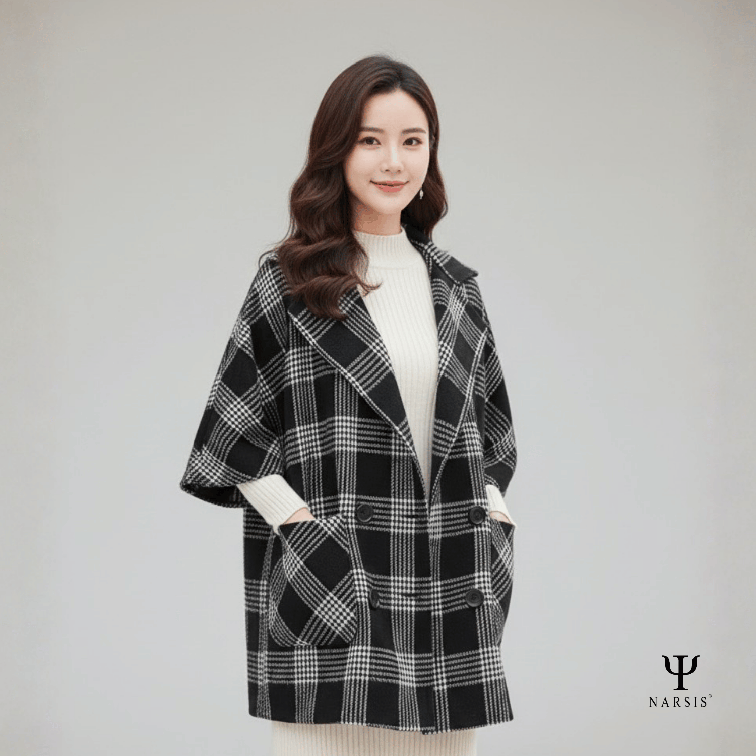 Áo Choàng Nữ Narsis, Kẻ Caro Đen Trắng, Chất Liệu Cao Cấp, Dễ Phối Đồ, Phong Cách Hiện Đại_thumbnail_4