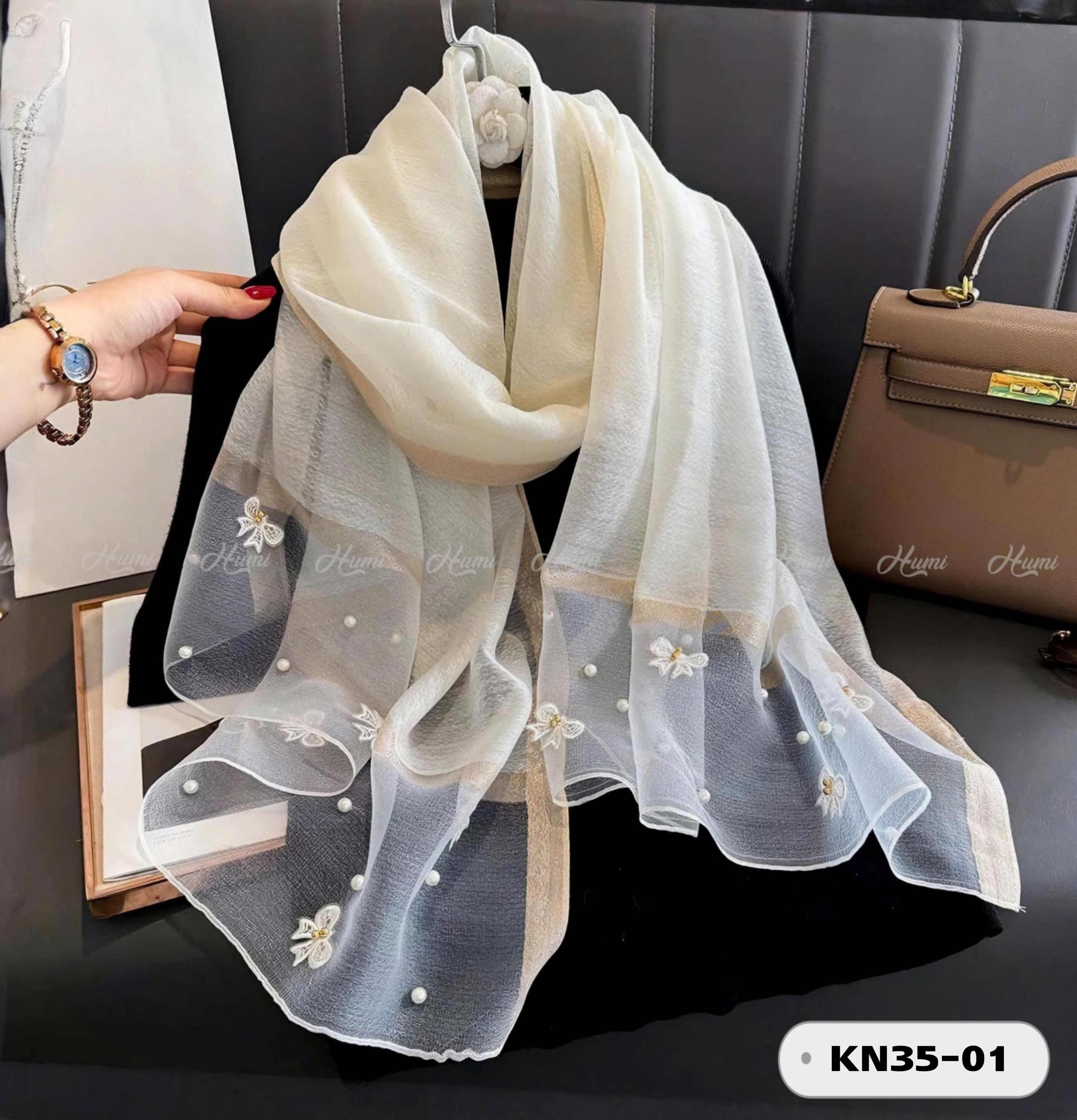 KHĂN TƠ ĐÍNH NƠ (KN35-01 TRẮNG)