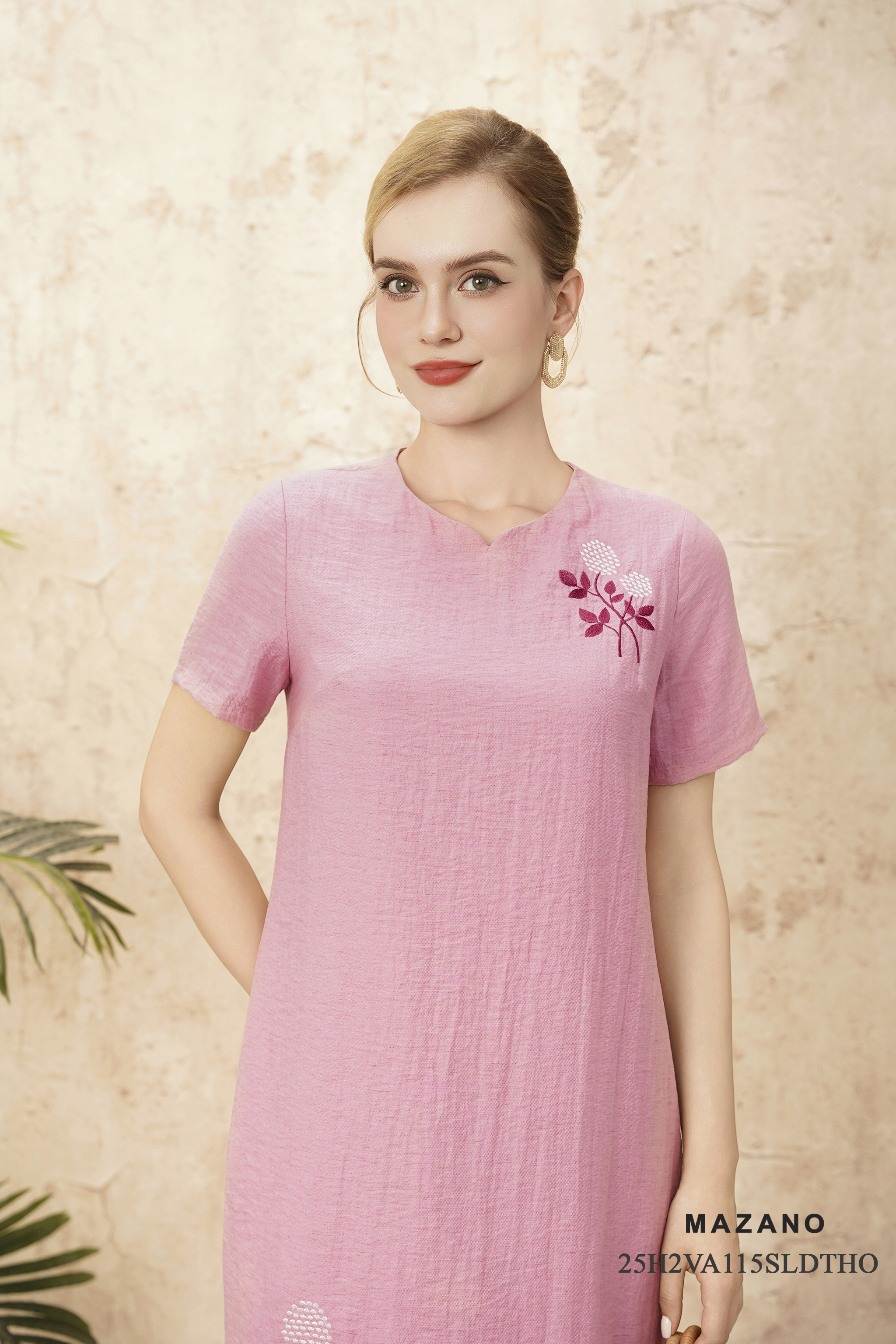 Váy Đầm suông Vải linen lụa Thêu họa tiết thủ công Cổ tròn Tay ngắn Dài trên bắp chân_thumbnail_4