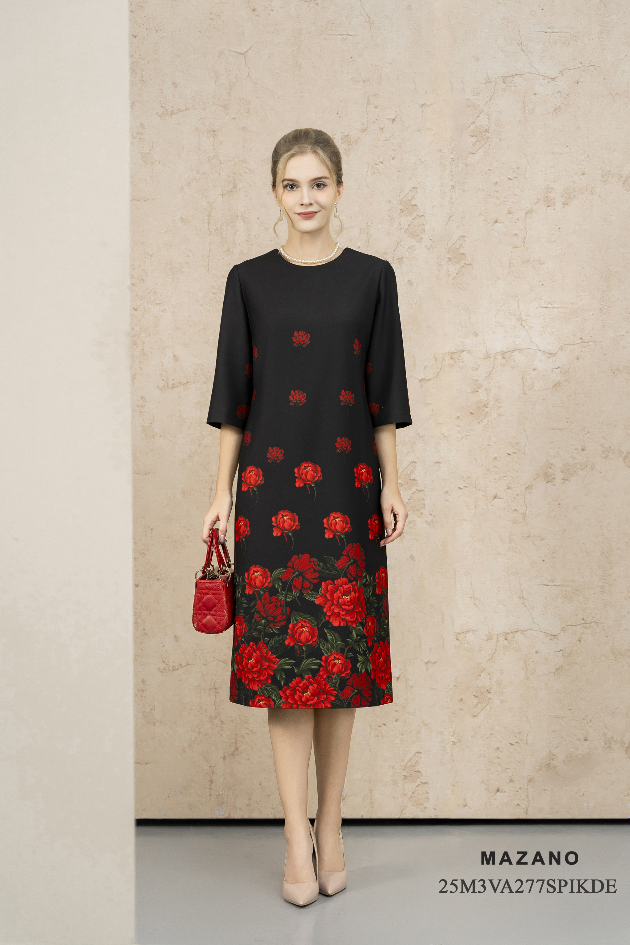 Váy Đầm Suông Vải thô dày Hoạ tiết hoa hồng  Cổ tròn Tay lỡ Dài đến bắp chân_thumbnail_4