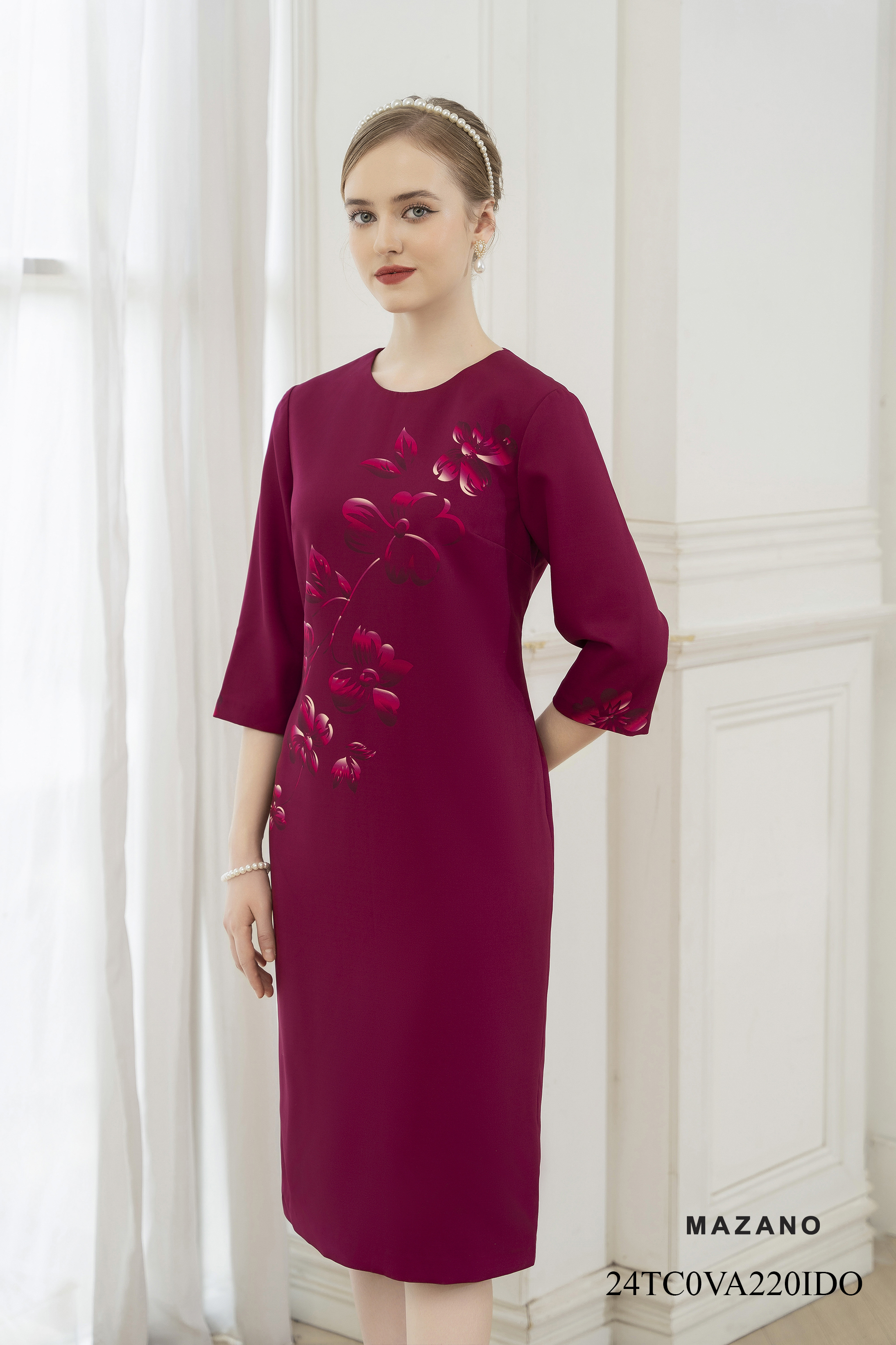 Váy Đầm suông Vải Thô  in hoa bố cục Cổ tròn Dài tới bắp chân-VA220IDO_thumbnail_2