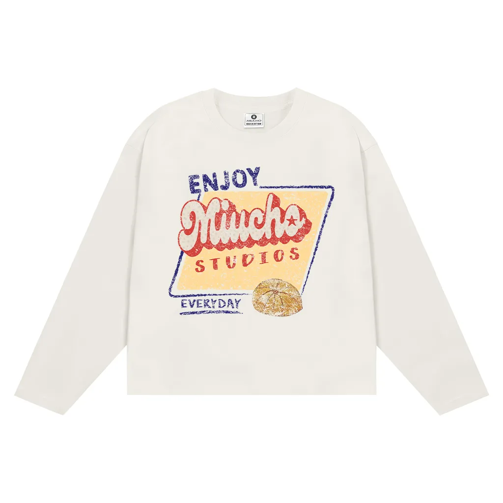Áo thun boxy unisex tay dài Enjoy Miucho Studios 2646 vải cotton thoáng mát co giãn 2c cổ tròn in mix