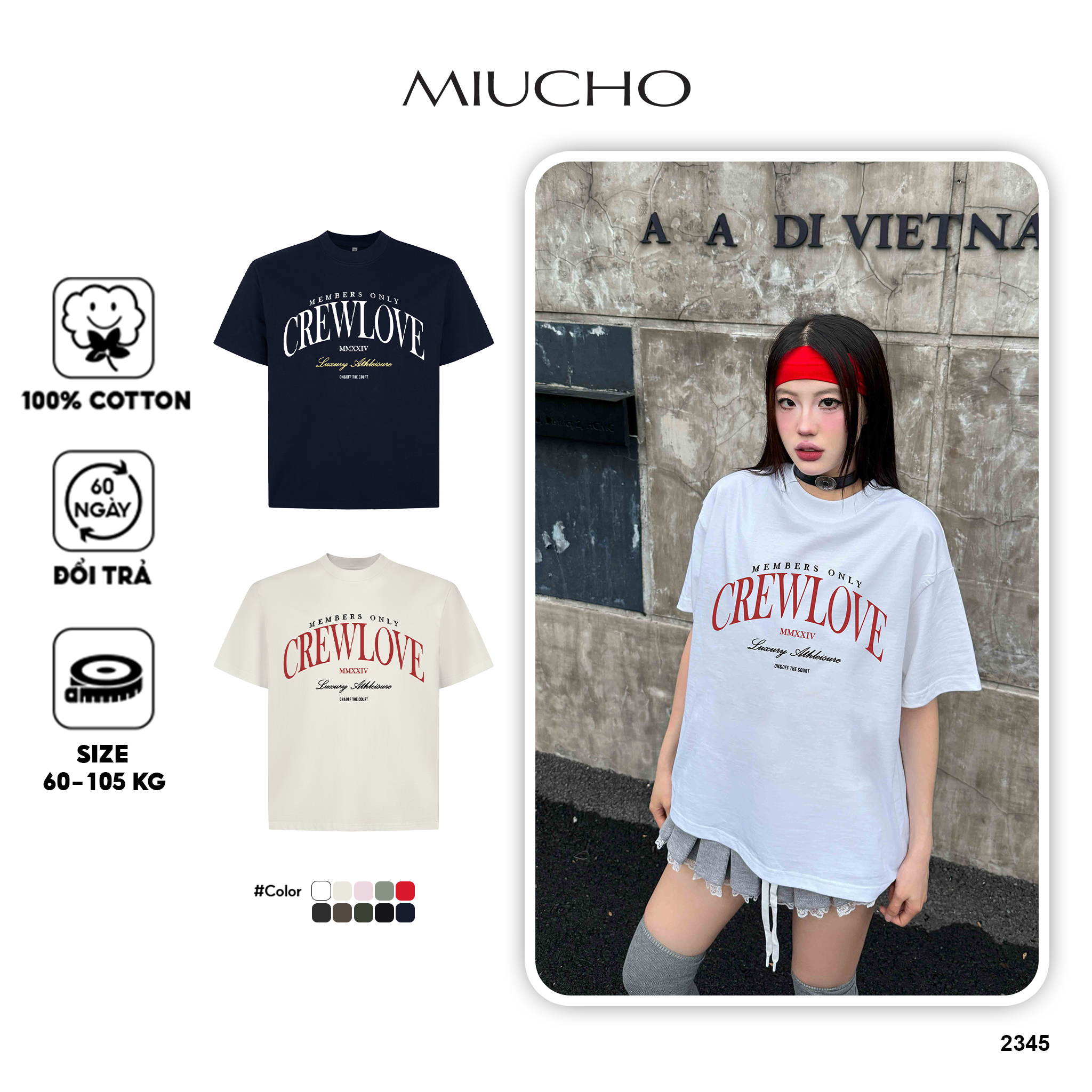 Áo thun unisex form boxy cổ tròn AXD2345 Miucho vải cotton co giãn thoáng mát in typography