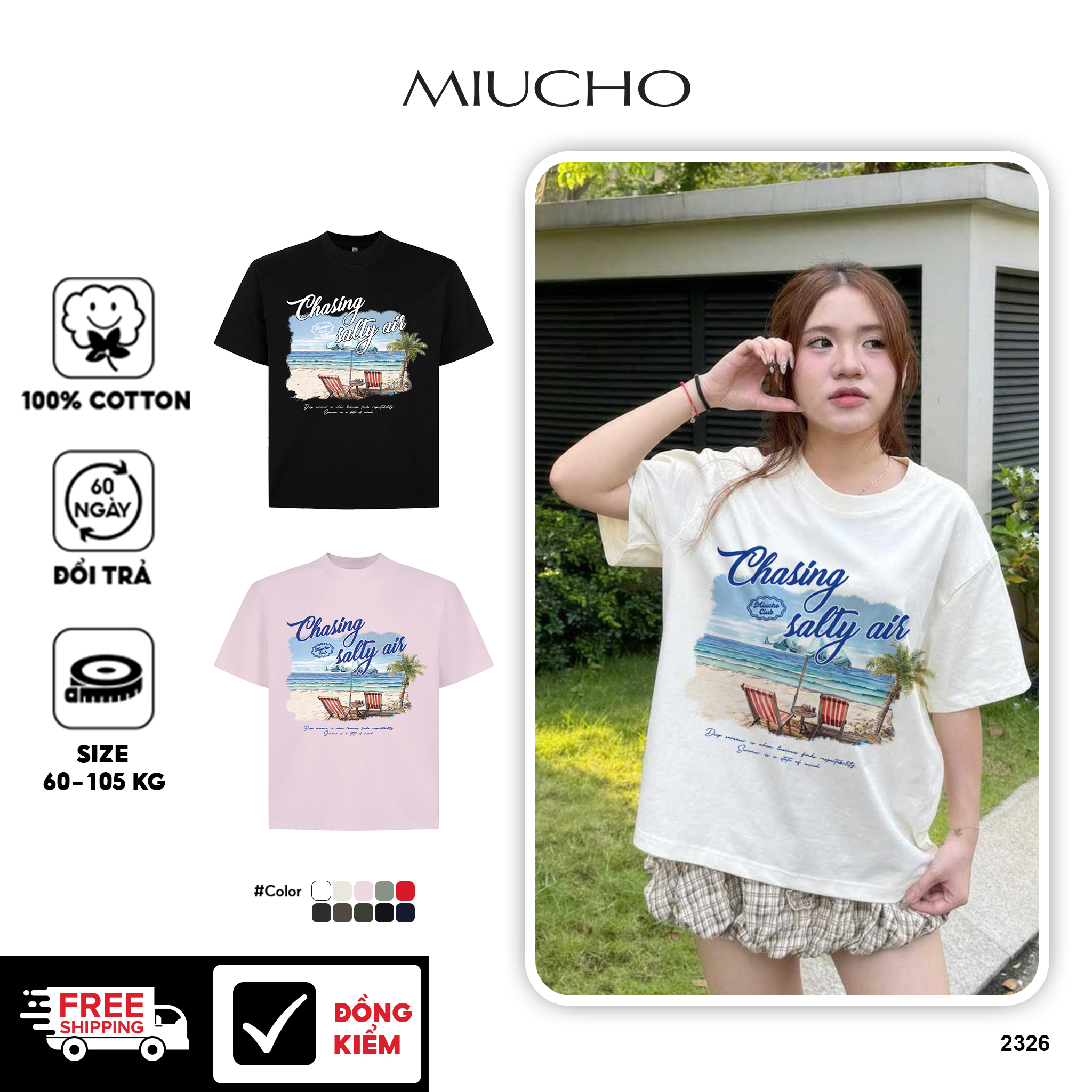 Áo thun boxy local brand hè biền 2326 Miucho cổ tròn vải cotton 2 chiều đứng form in mix