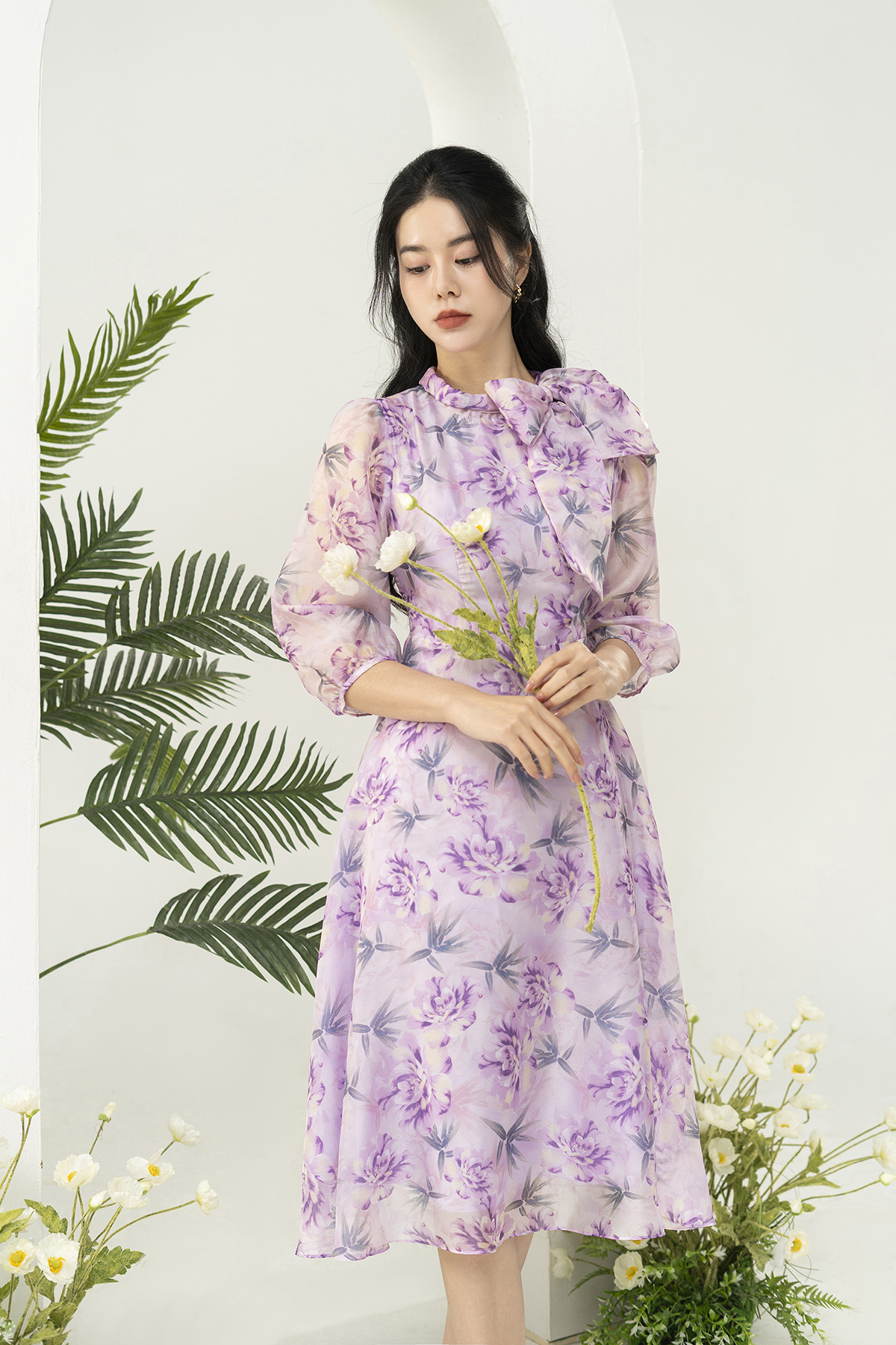 Đầm công sở dáng xòe tơ ngọc trai hoa tím D3002_thumbnail_1