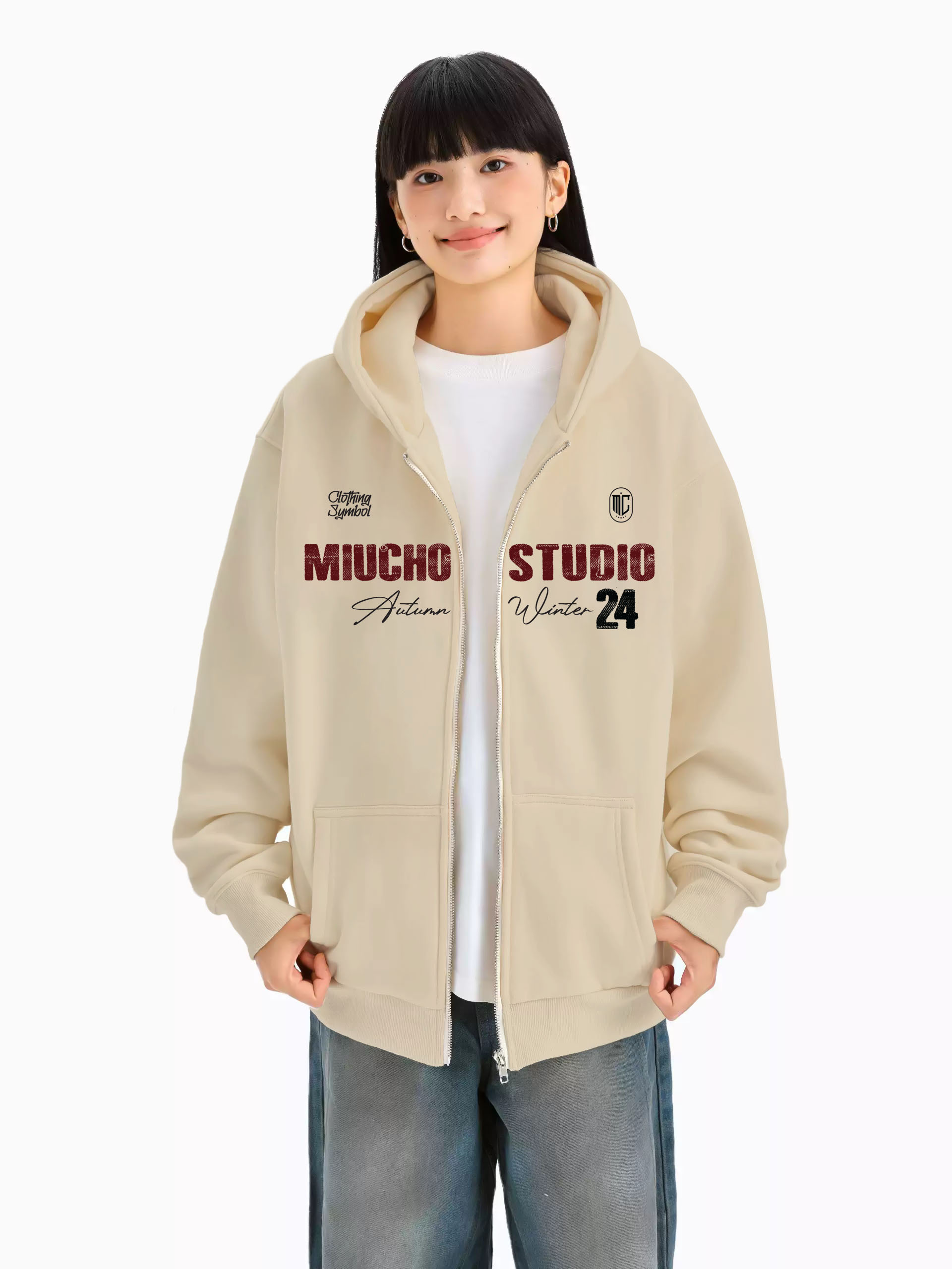 Áo hoodie zip nữ local brand HZD1586 Miucho vải nỉ chân cua dày dặn mủ rộng in typography_thumbnail_3