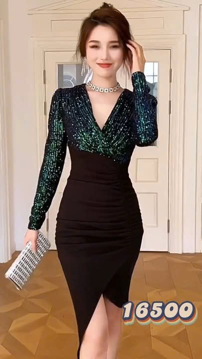 16500-Đầm body tiệc xẻ tà phối kim sa tay dài cổ V (thun: nhật, kim sa)_thumbnail_0