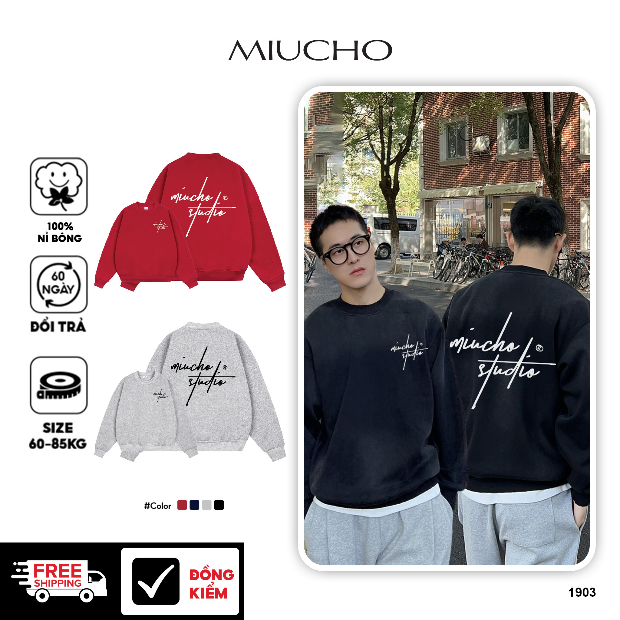 Áo sweater nam form boxy 1903 Miucho cổ tròn vải nỉ bông 350 GSM dày dặn in mix_thumbnail_1