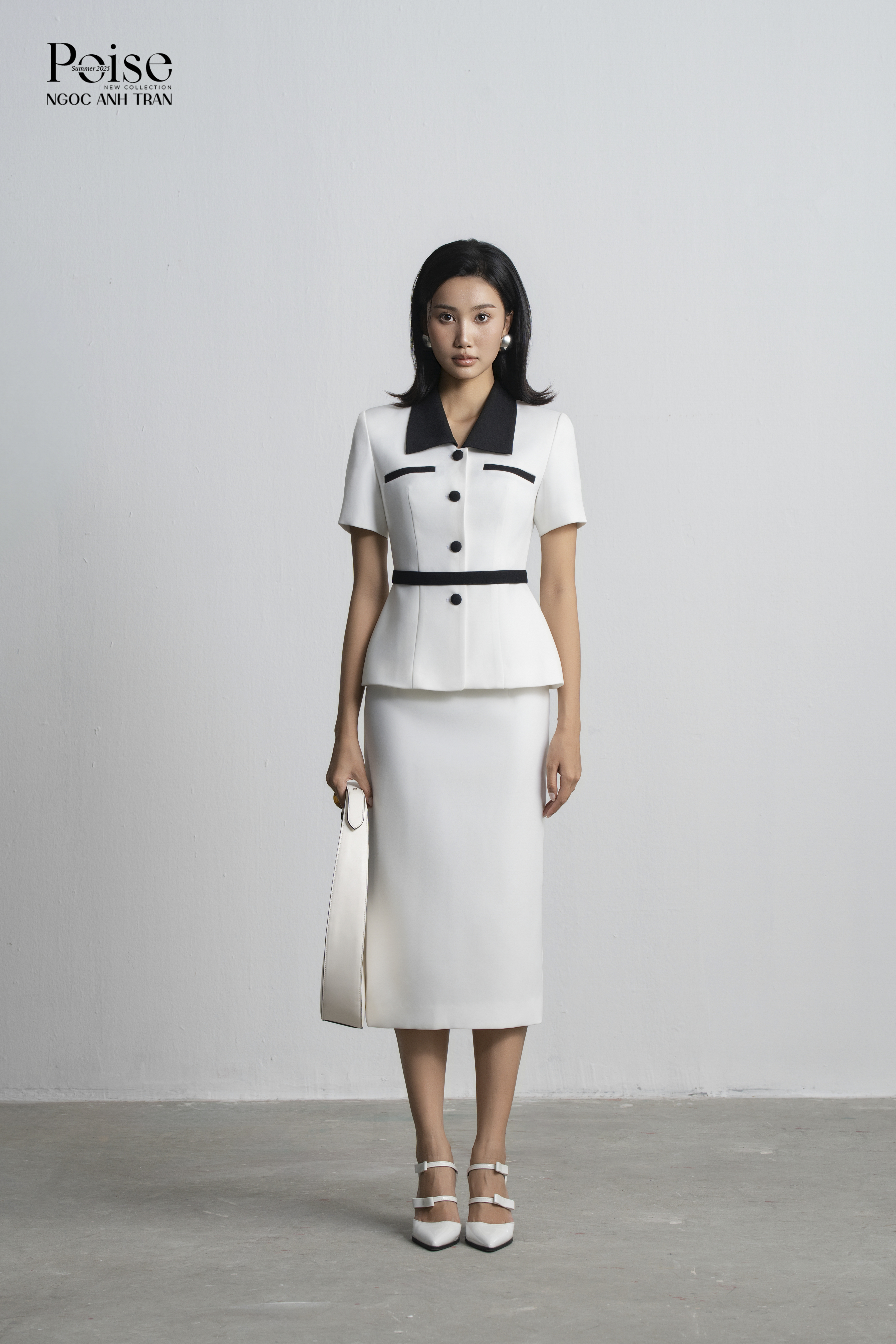 Set V042 - Set áo vest trắng phối đen kèm đai