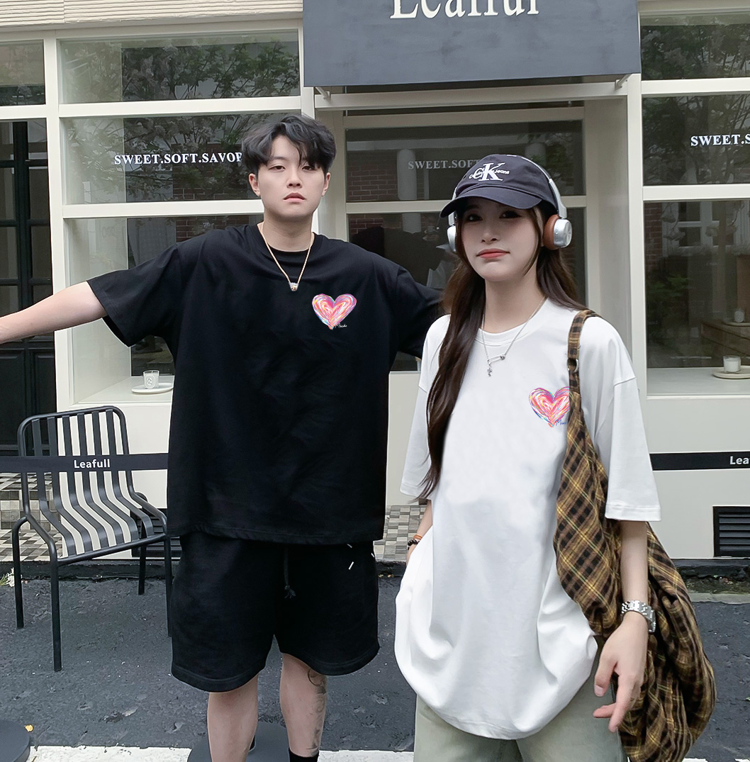 Áo thun cặp đôi in trái tim nhỏ dễ thương form rộng ATD1514 Miucho vải cotton thoáng mát cổ tròn in mix_thumbnail_2