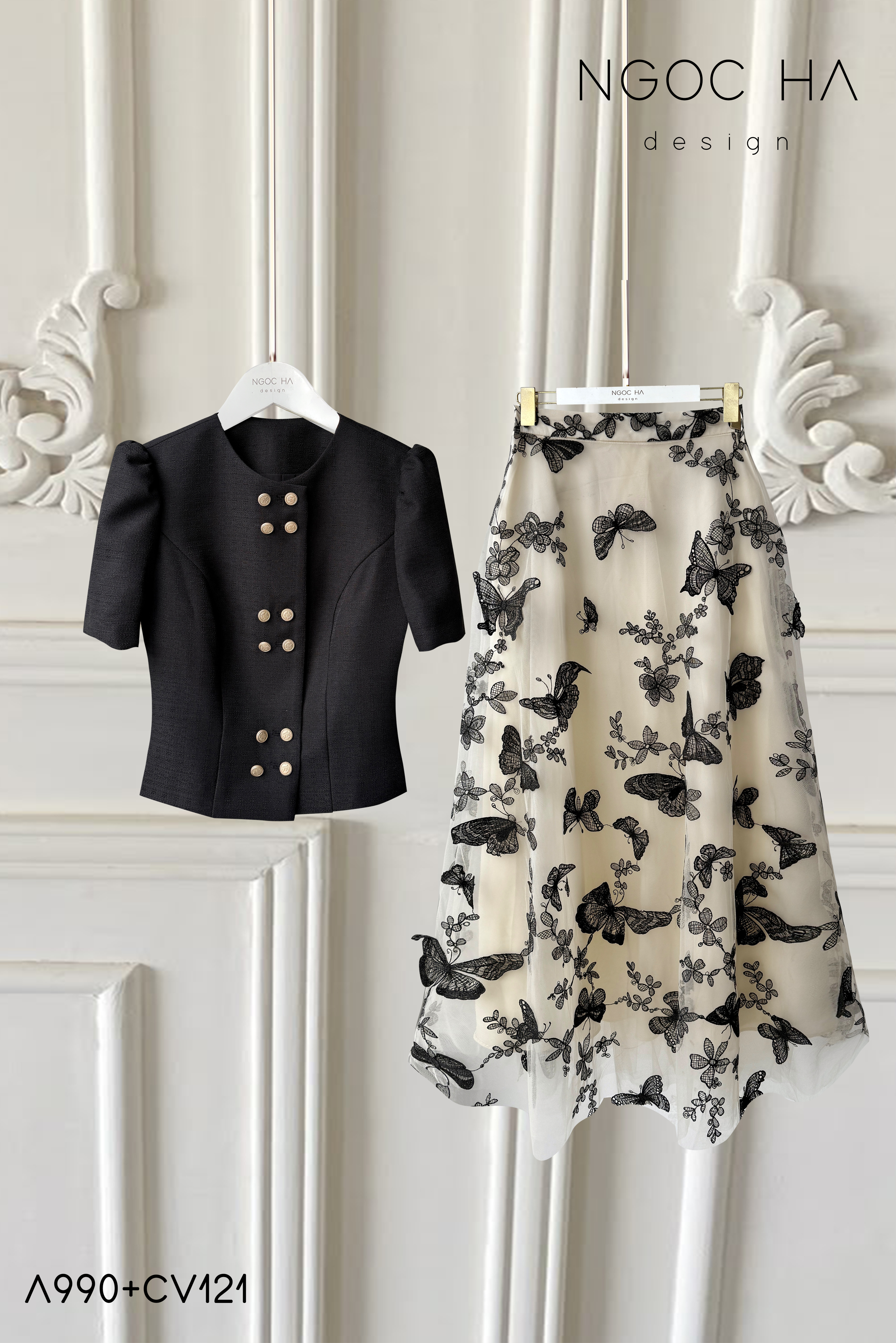 Bella Set_ Áo Vest Dáng Lửng Cúc Đồng, Chân Váy Họa Tiết Bướm A990+CV121_thumbnail_3