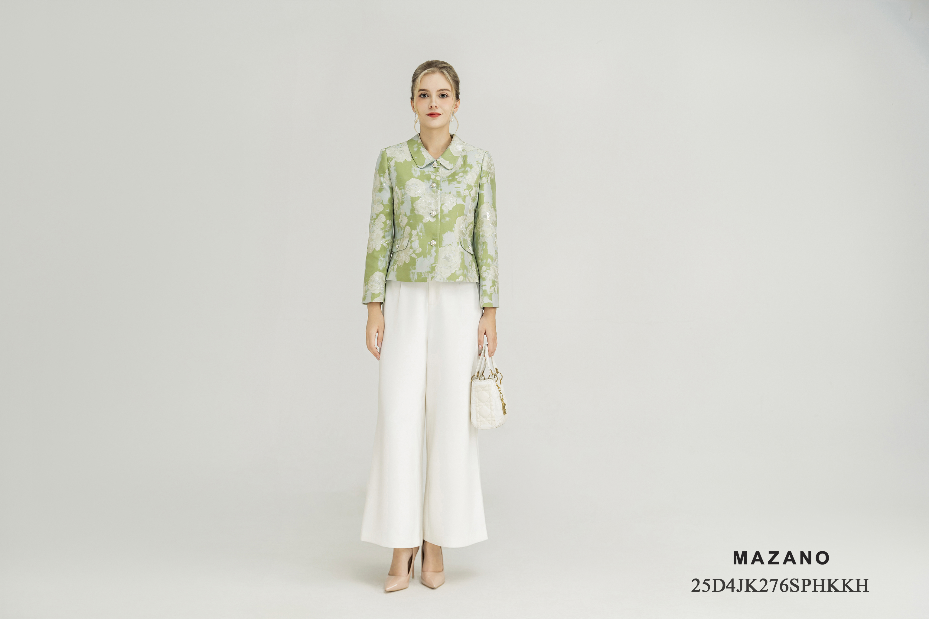 Áo khoác ngắn Suông Vải tafta gấm Họa tiết hoa cách điệu Cổ bẻ Dài dưới eo