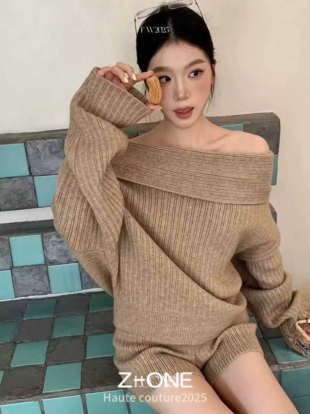 Lucas - Set áo len trễ vai gân dọc + quần sóc len