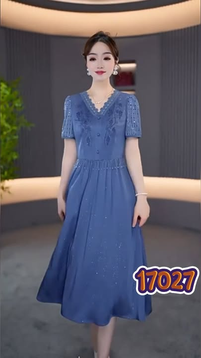 17027-Đầm lụa xanh phối tay voan kim sa viền ren ( lụa, ren)_thumbnail_0