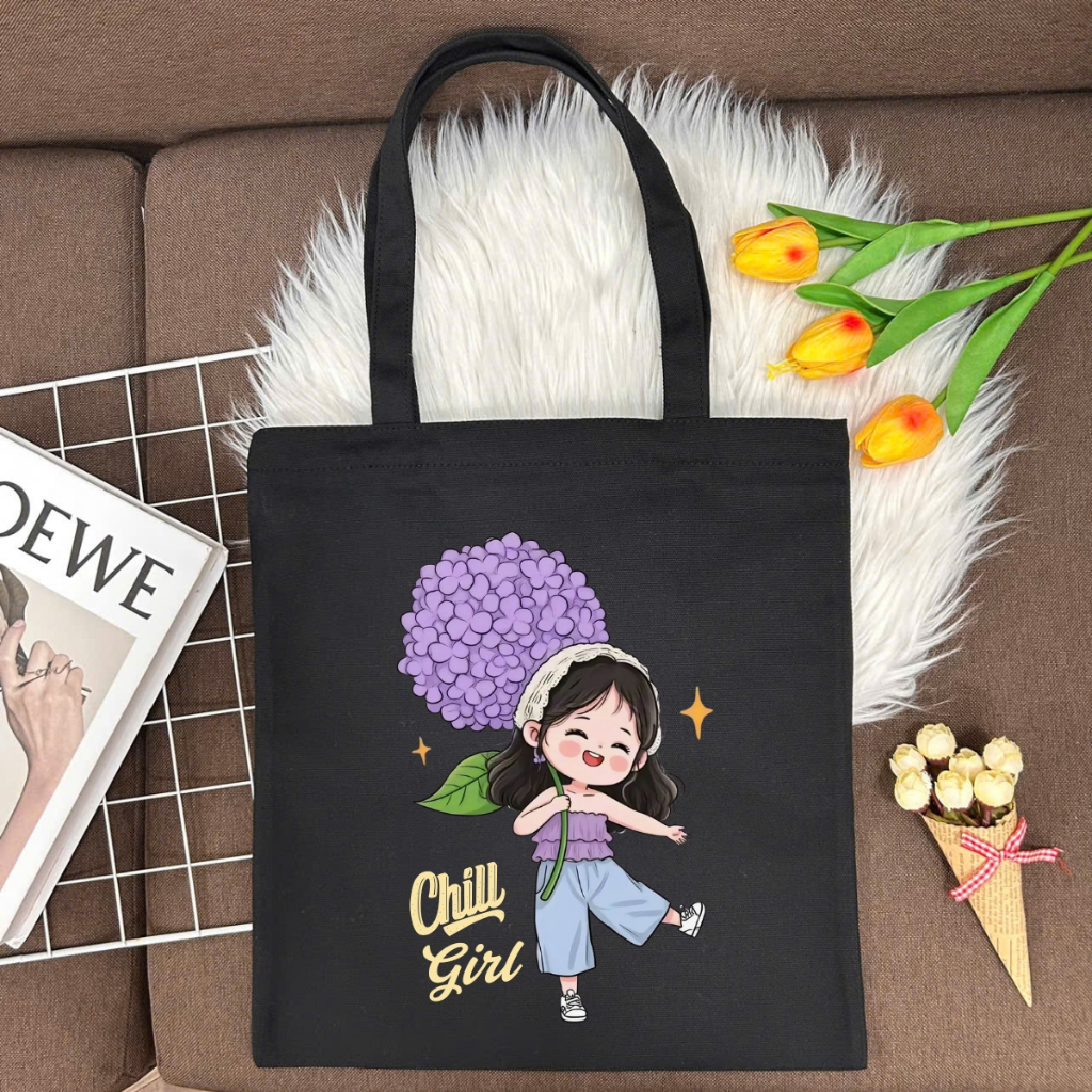 Túi tote vải canvas hình cô gái hottrend, đeo vai, có khoá kéo và ngăn phụ WE TEE - WTU04