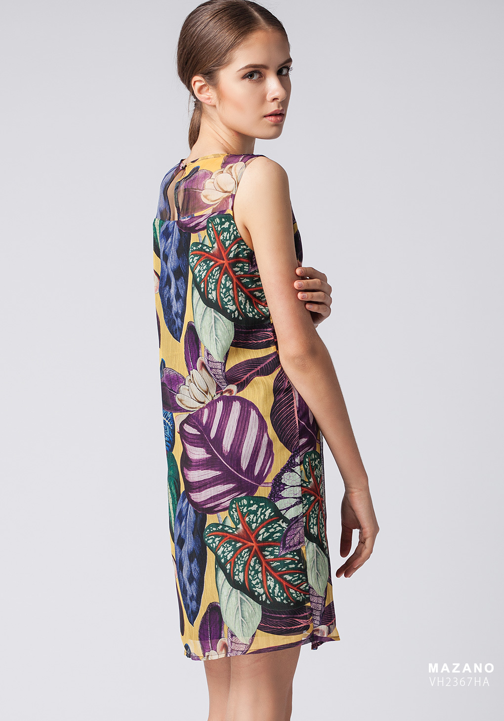 Đầm suông họa tiết lá cây, cổ tròn, tay sát nách_thumbnail_3