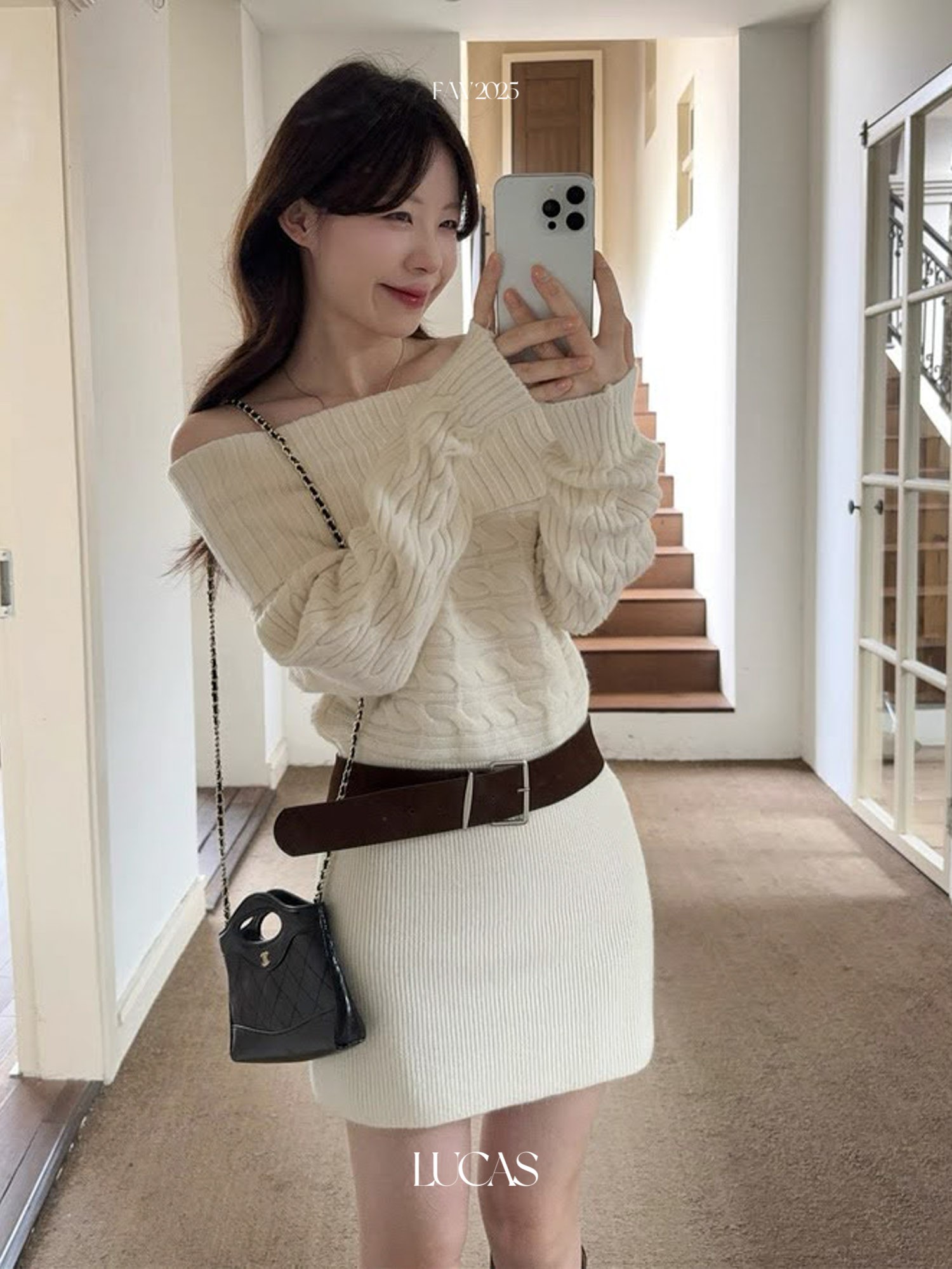 Lucas - Váy len trễ vai vặn thừng chân ôm + belt