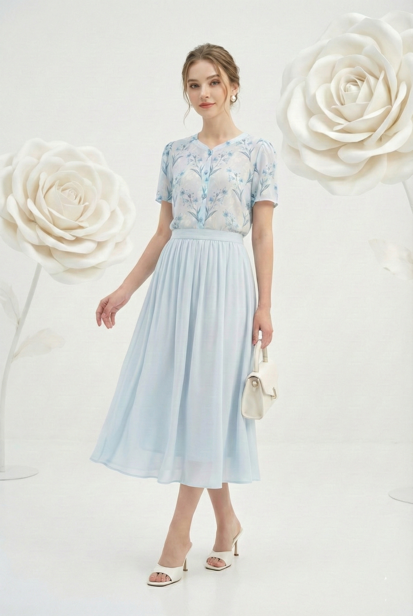 Chân váy vải voan chiffon xanh nhạt cạp cao dáng chân xếp ly thiết kế MAZANO 1HB2SCV064LA