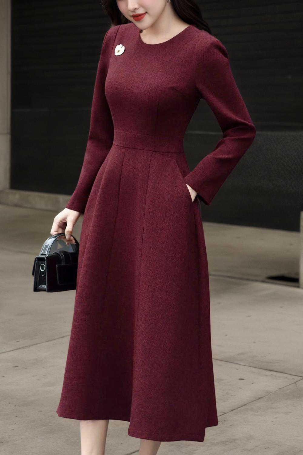 (Pre-order) Đầm dạ đỏ cổ tròn tay dài DL383_thumbnail_2