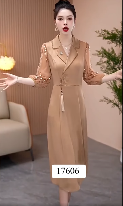 17606-Đầm xòe A  nâu đồng cổ vest phối tay voan kim sa ( lụa, voan)_thumbnail_0