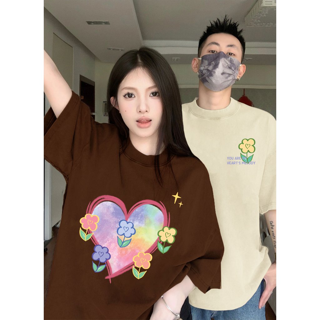 Áo thun cặp đôi hình trái tim form rộng tay lỡ màu xinh ATD1208 Miucho vải cotton thoáng mát cổ tròn in mix_thumbnail_2