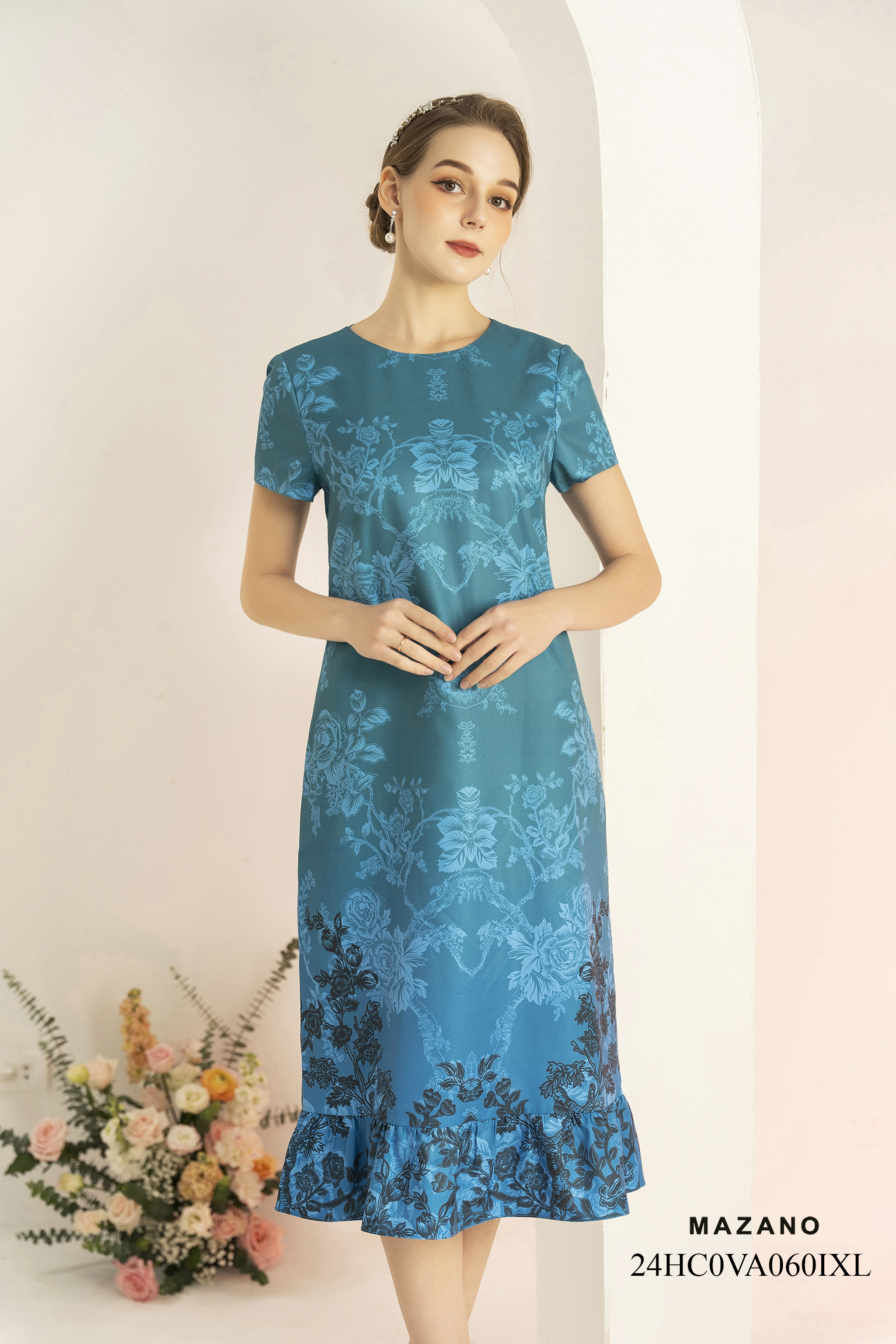 Váy Đầm Suông Vải thô mỏng Hoạ tiết hoa cách điệu in ombre Cổ tròn Tay ngắn Dài ngang bắp chân_thumbnail_3