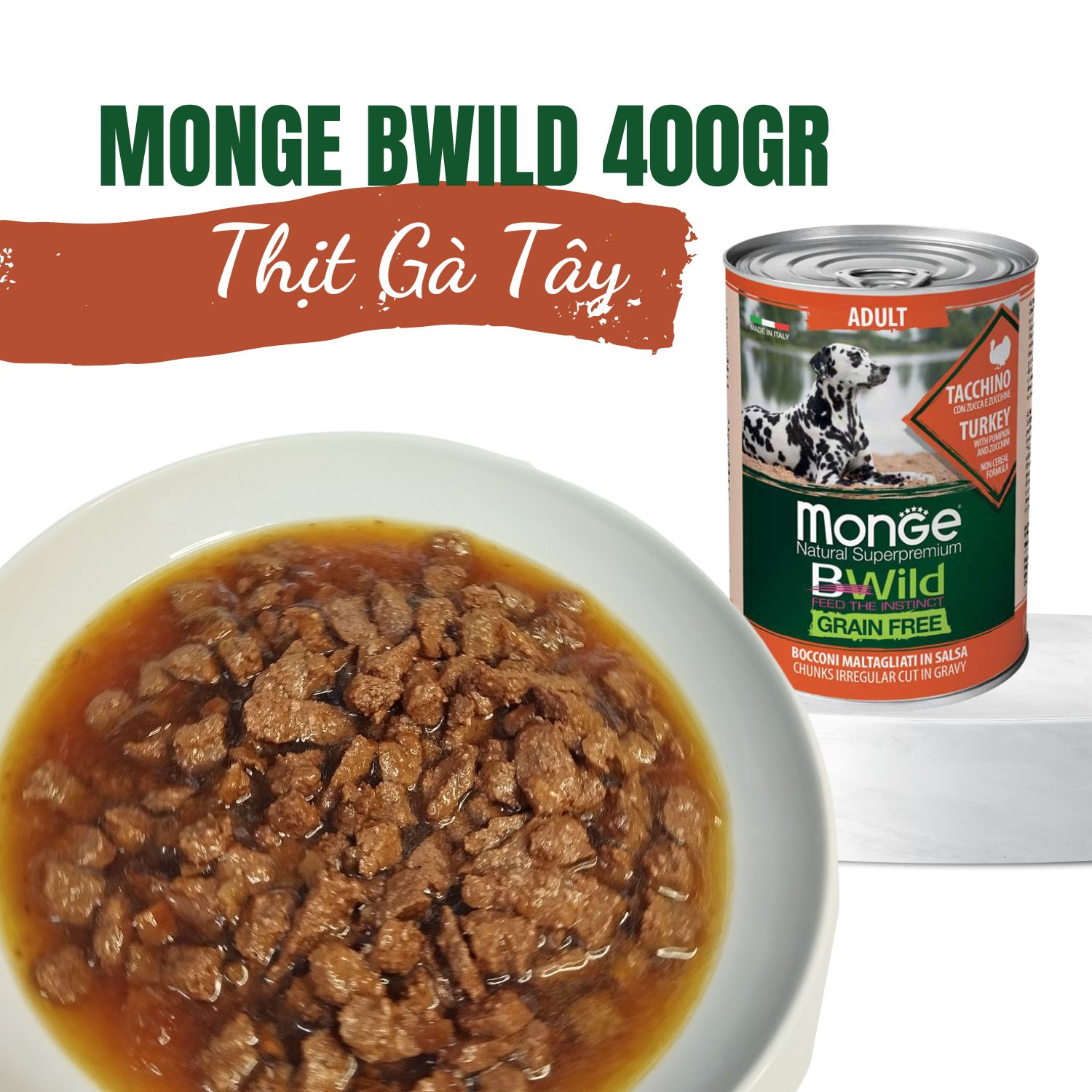 Pate MONGE Bwild cho chó Grain Free  400gr (Hương vị  Gà Tây, Bí đỏ và Bí Xanh)_thumbnail_2