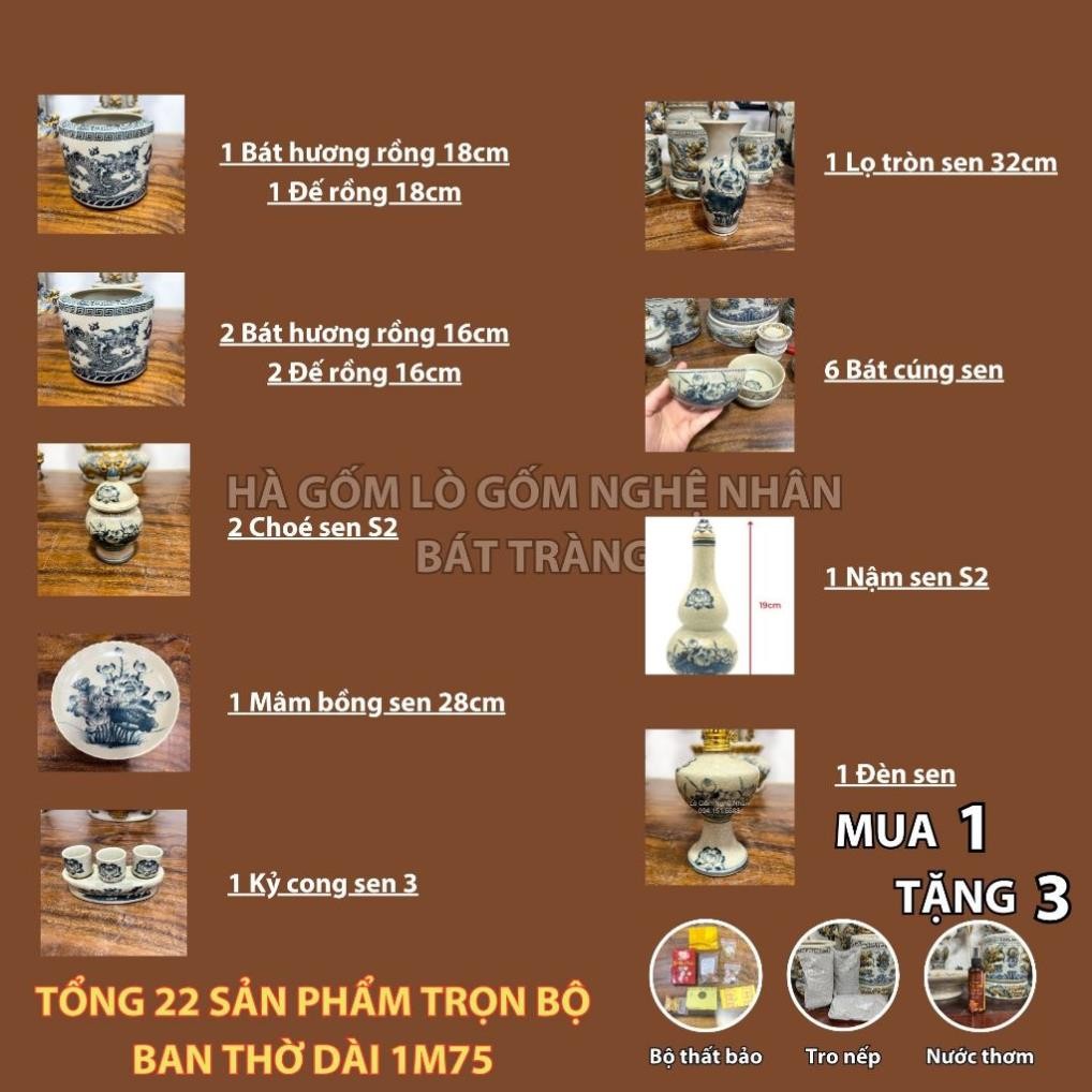 HG108 Đồ Thờ Cúng Bộ 22 món ban thờ 1M75 men rạn trơn nghệ nhân Bát Tràng chế tác TẶNG Thất Bảo, Tro Nếp_thumbnail_1