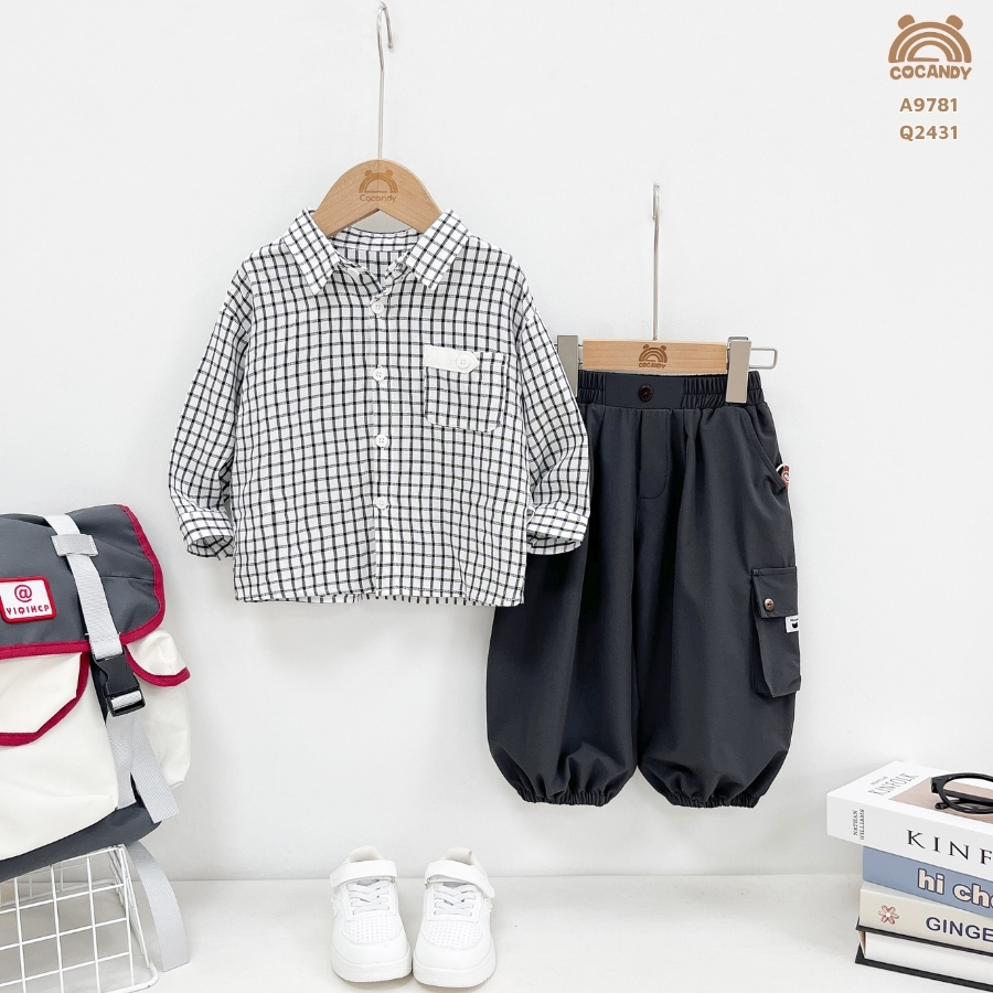 Áo dài caro ĐEN TRẮNG phối túi nẹp be