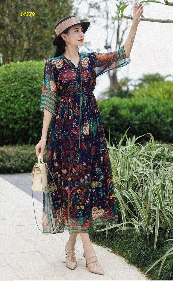 14379-Đầm xòe xanh đen họa tiết dạng thổ cẩm_thumbnail_2